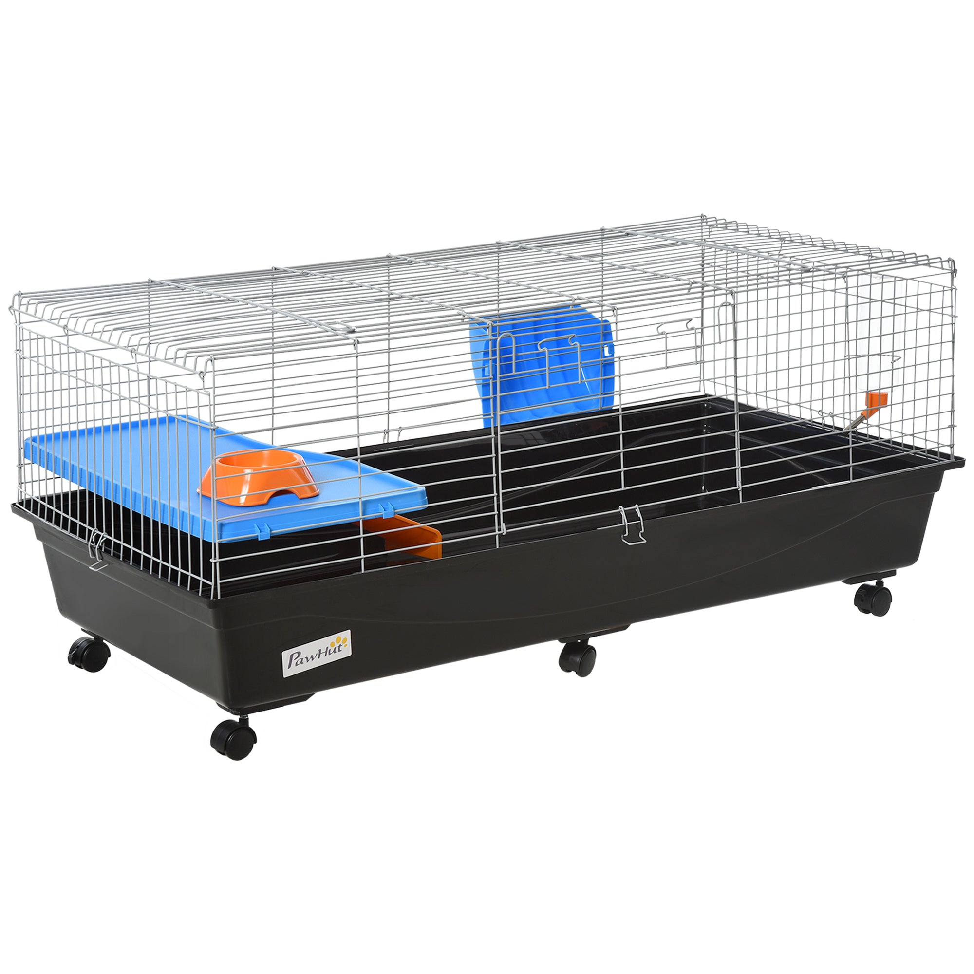 PawHut 47" Small Animal Cage, Rolling Bunny Cage, Guinea Pig Cage with Food Dish, Water Bottle, Hay Feeder, Platform, Ramp for Ferret Chinchilla, Black