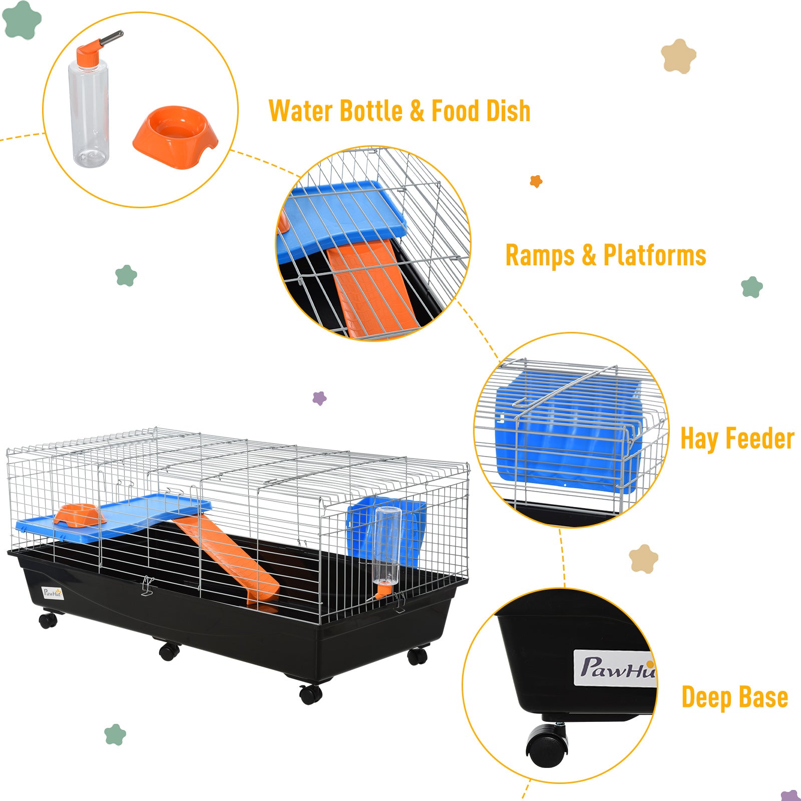PawHut 47" Small Animal Cage, Rolling Bunny Cage, Guinea Pig Cage with Food Dish, Water Bottle, Hay Feeder, Platform, Ramp for Ferret Chinchilla, Black