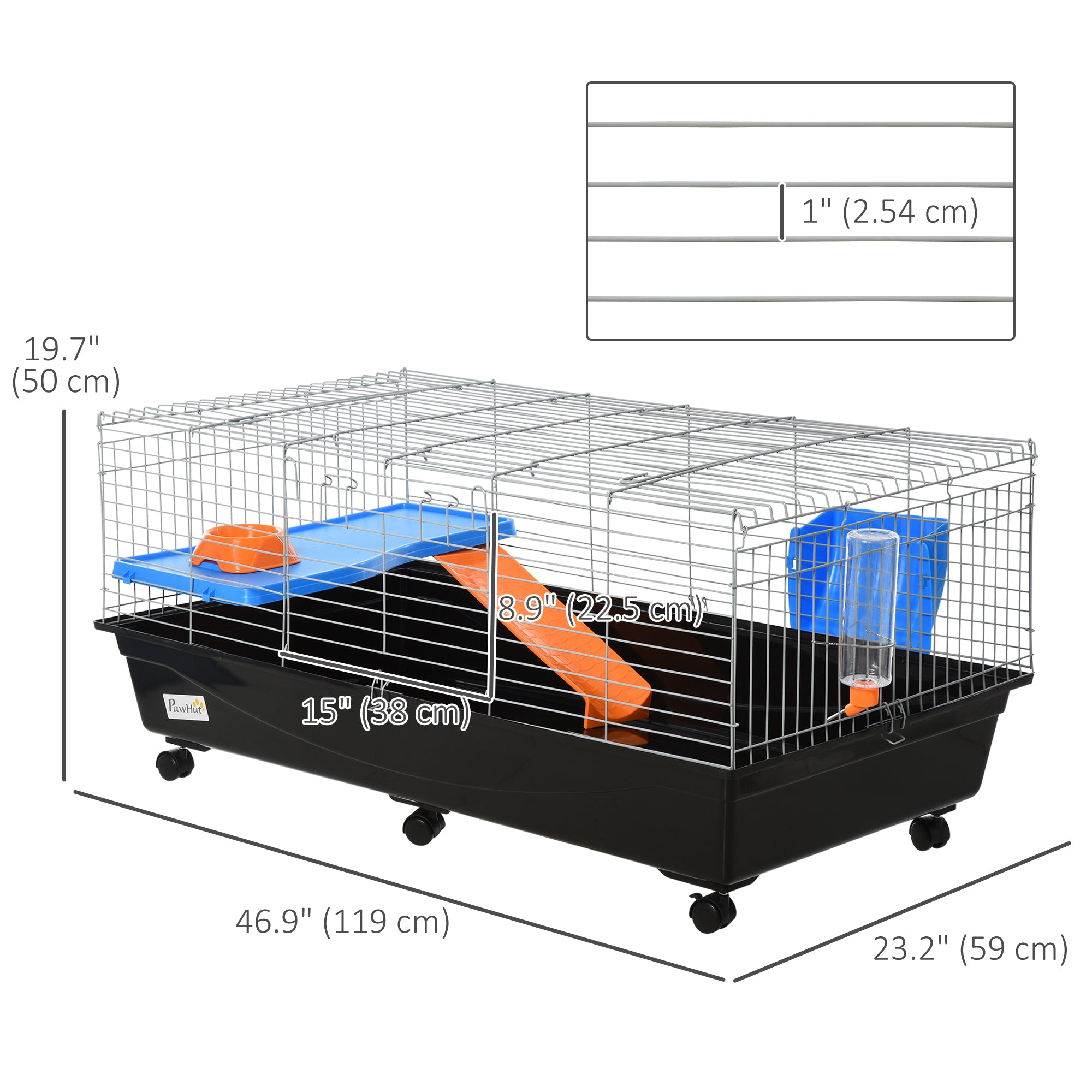 PawHut 47" Small Animal Cage, Rolling Bunny Cage, Guinea Pig Cage with Food Dish, Water Bottle, Hay Feeder, Platform, Ramp for Ferret Chinchilla, Black
