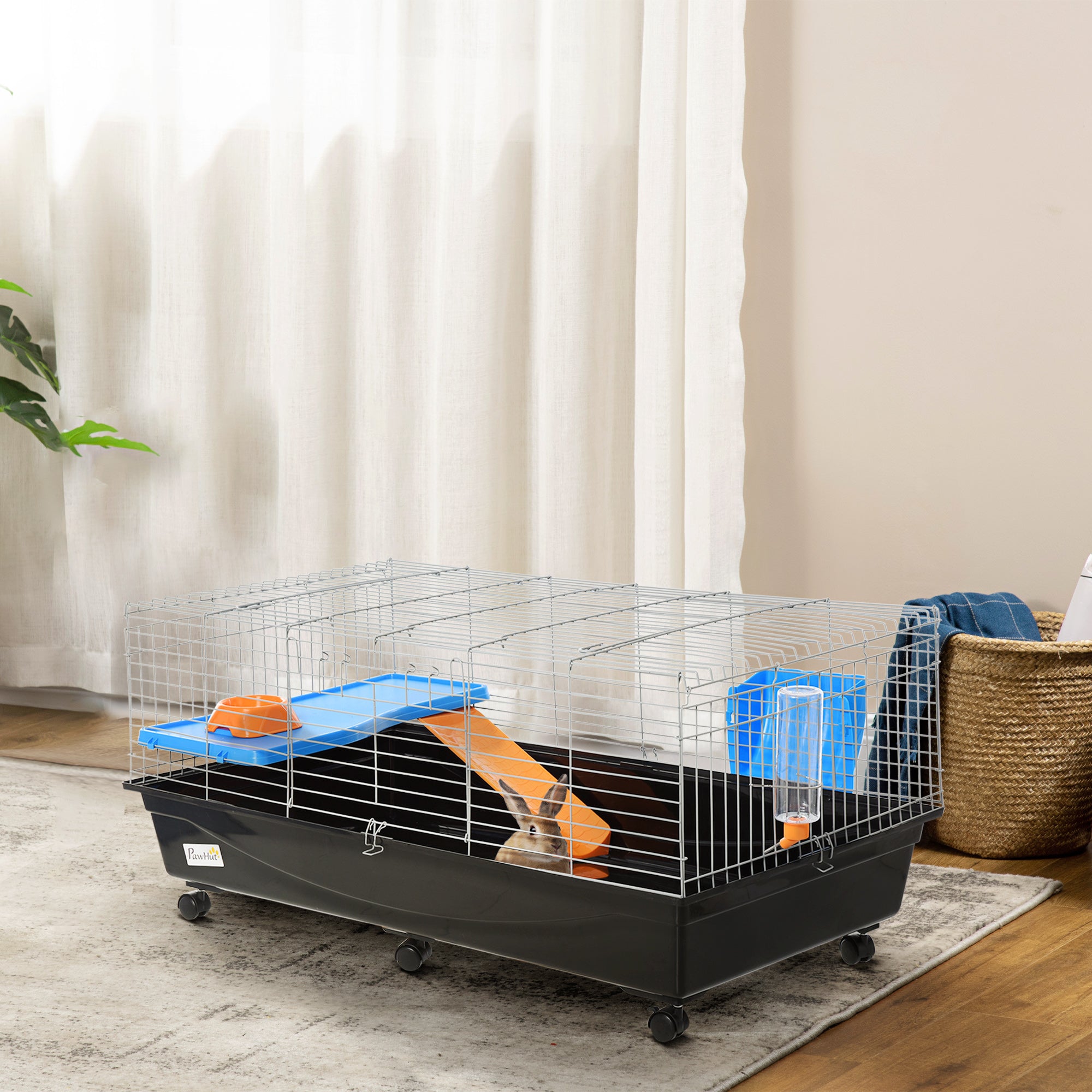 PawHut 47" Small Animal Cage, Rolling Bunny Cage, Guinea Pig Cage with Food Dish, Water Bottle, Hay Feeder, Platform, Ramp for Ferret Chinchilla, Black