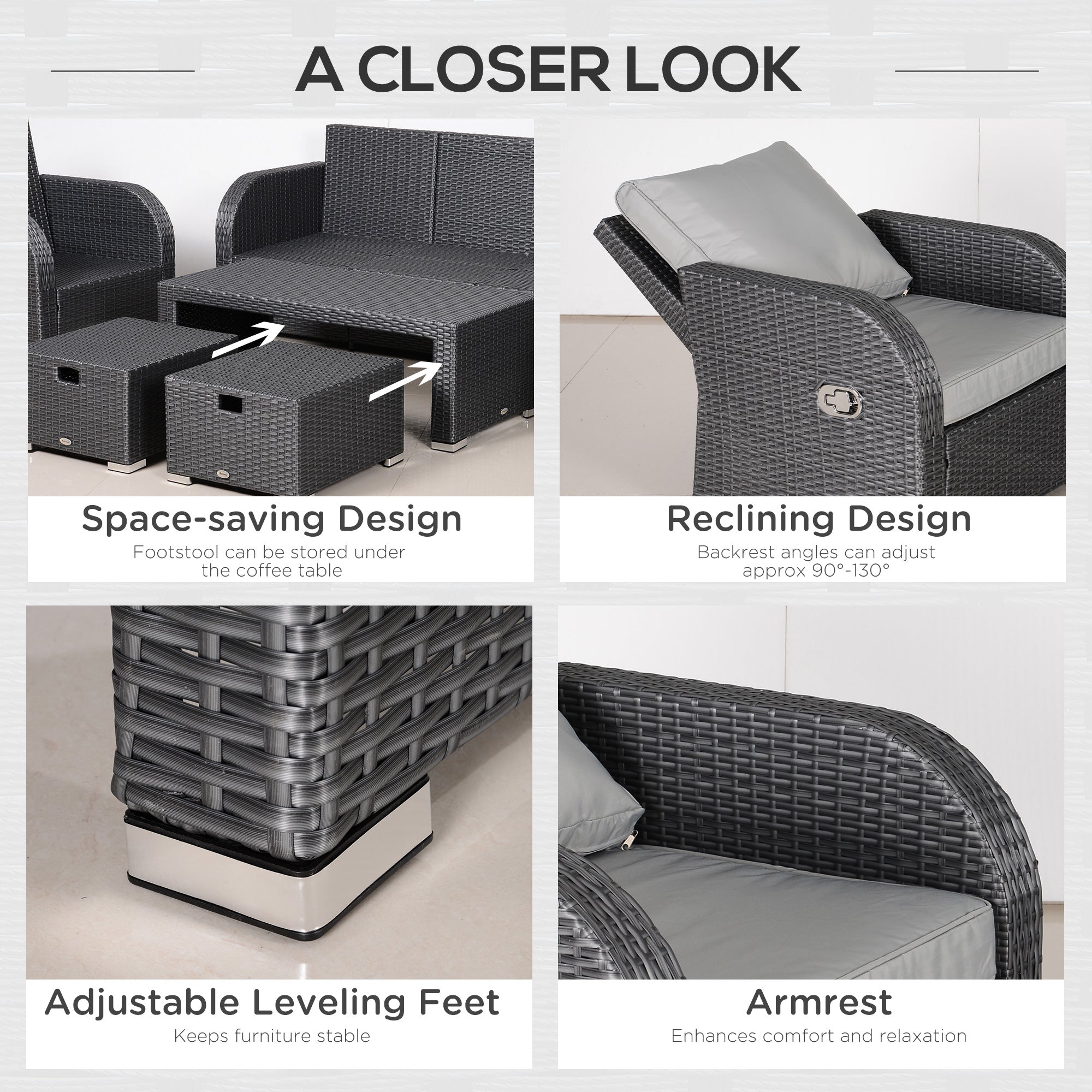 Outsunny Patio Furniture with Cushions, 6 Pieces PE Wicker Patio Sectional Furniture Conversation Set w/ a Three-Seat Sofa, 2 Recliner Chairs, 2 Footstools & Table, Grey