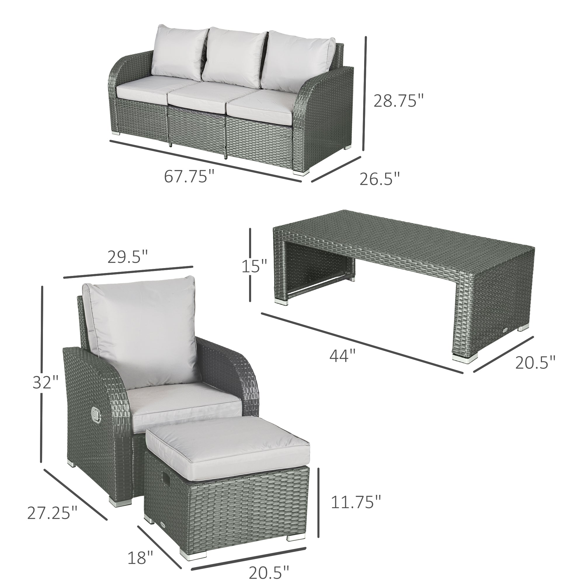 Outsunny Patio Furniture with Cushions, 6 Pieces PE Wicker Patio Sectional Furniture Conversation Set w/ a Three-Seat Sofa, 2 Recliner Chairs, 2 Footstools & Table, Grey