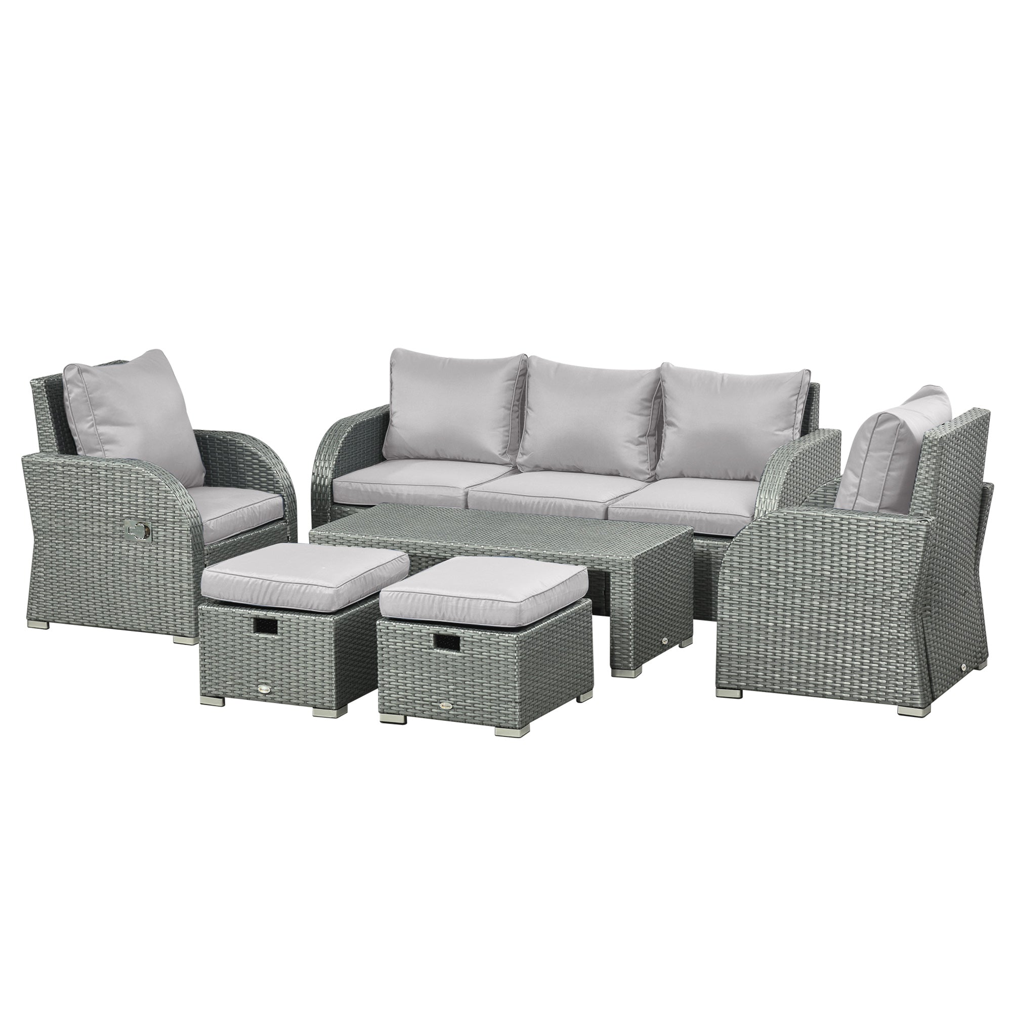 Outsunny Patio Furniture with Cushions, 6 Pieces PE Wicker Patio Sectional Furniture Conversation Set w/ a Three-Seat Sofa, 2 Recliner Chairs, 2 Footstools & Table, Grey