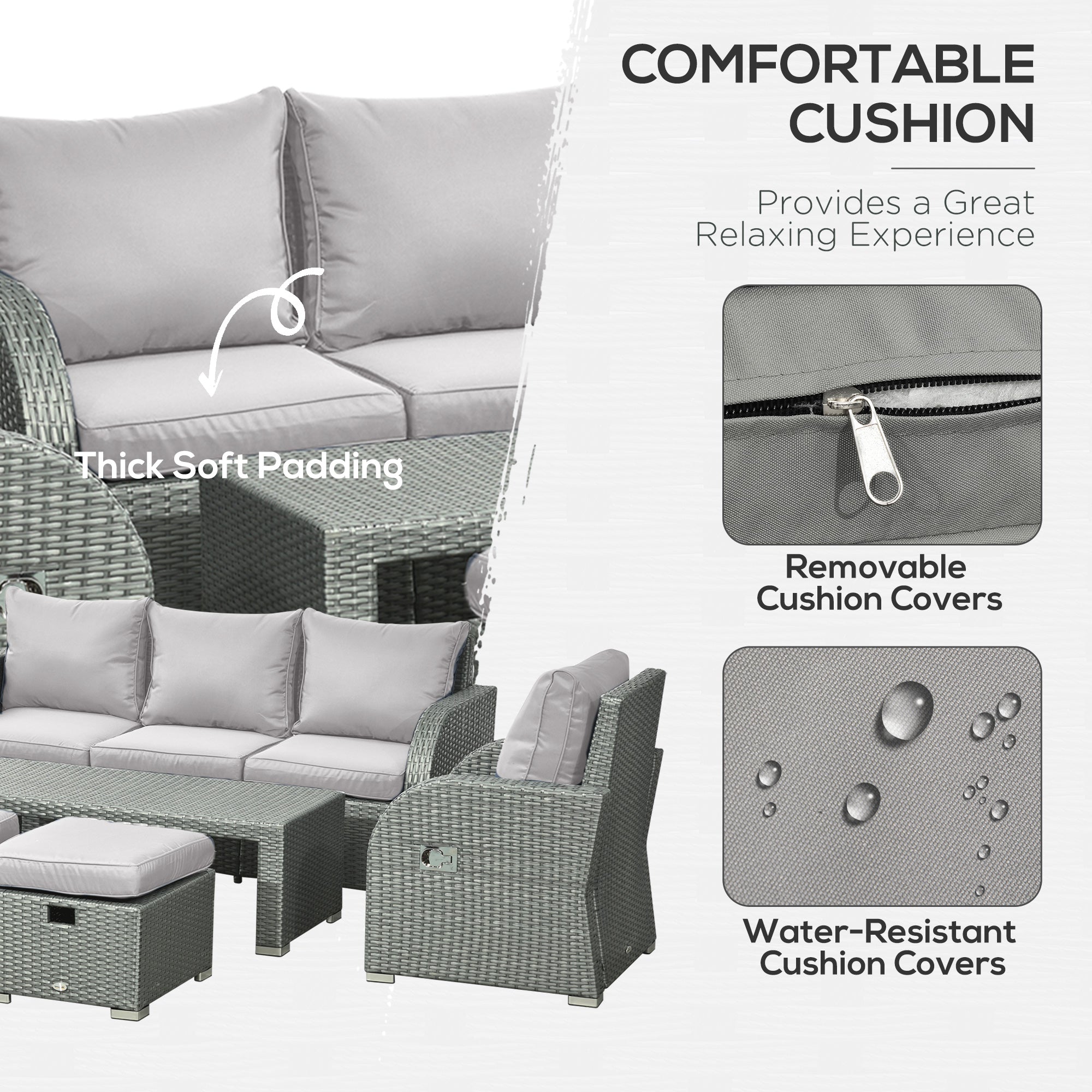 Outsunny Patio Furniture with Cushions, 6 Pieces PE Wicker Patio Sectional Furniture Conversation Set w/ a Three-Seat Sofa, 2 Recliner Chairs, 2 Footstools & Table, Grey