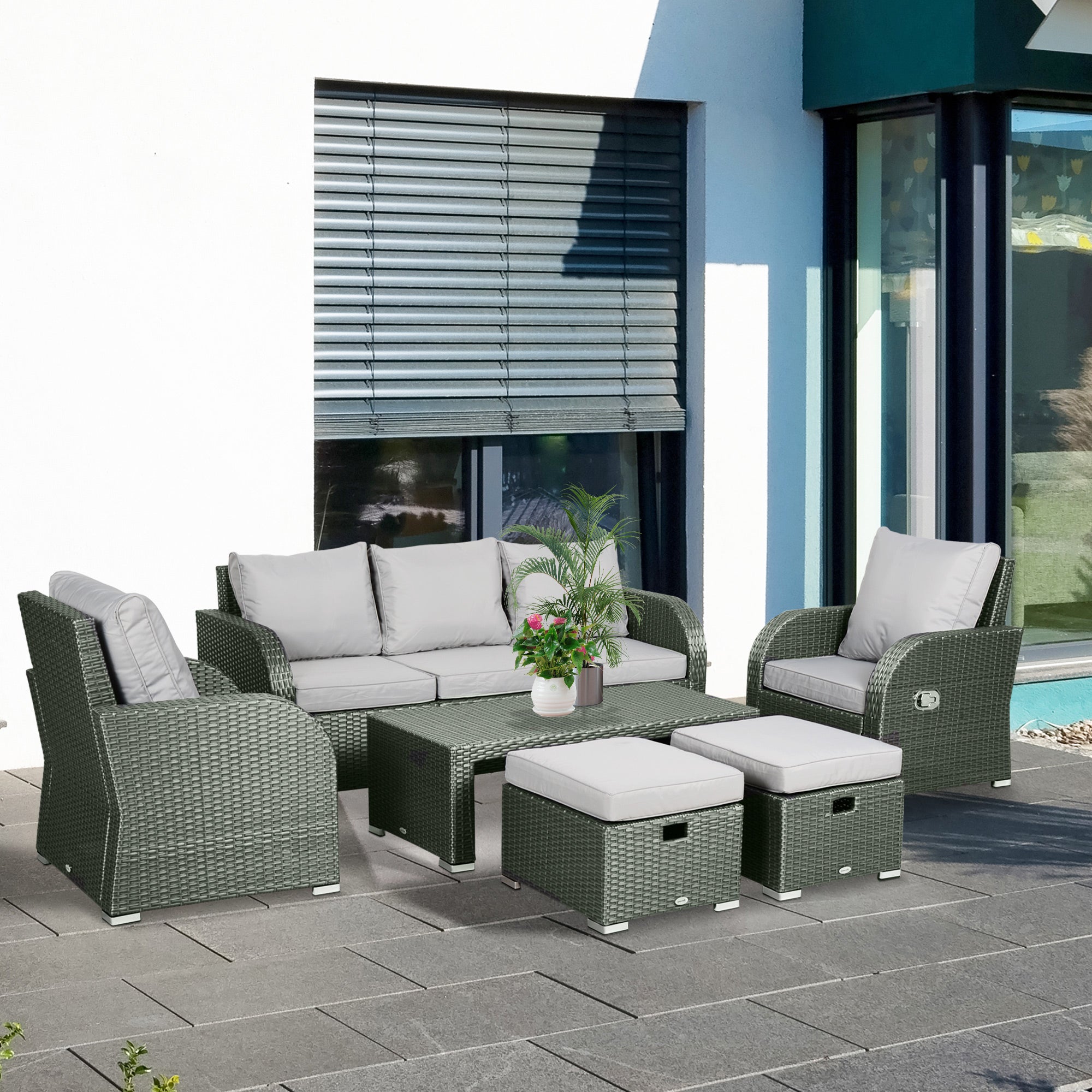 Outsunny Patio Furniture with Cushions, 6 Pieces PE Wicker Patio Sectional Furniture Conversation Set w/ a Three-Seat Sofa, 2 Recliner Chairs, 2 Footstools & Table, Grey