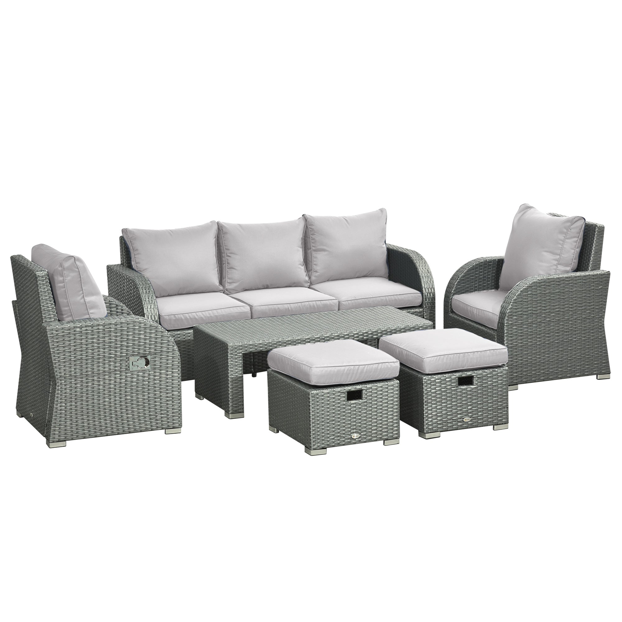 Outsunny Patio Furniture with Cushions, 6 Pieces PE Wicker Patio Sectional Furniture Conversation Set w/ a Three-Seat Sofa, 2 Recliner Chairs, 2 Footstools & Table, Grey