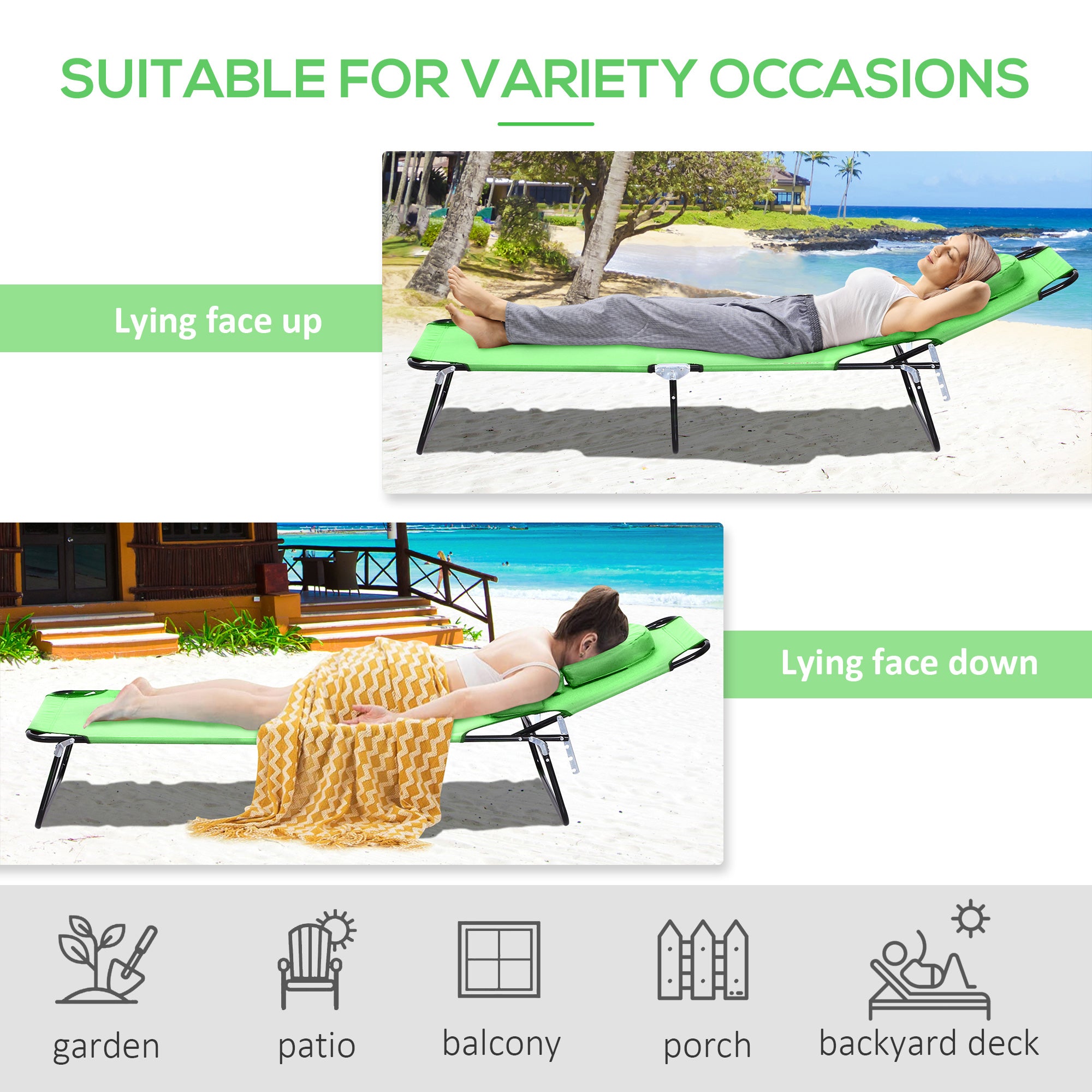 Outsunny Adjustable Outdoor Lounge Chair, Garden Folding Chaise Lounge w/ Reading Hole Reclining Tanning Chair Seat, Folding Camping Beach Lounging Bed with Support Pillow, Green