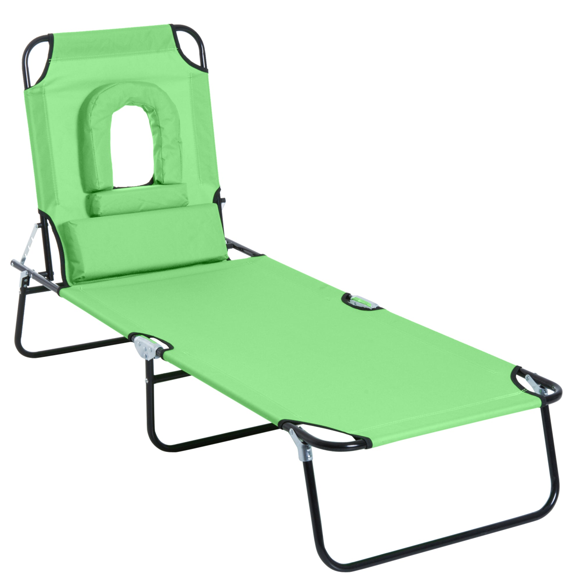 Outsunny Adjustable Outdoor Lounge Chair, Garden Folding Chaise Lounge w/ Reading Hole Reclining Tanning Chair Seat, Folding Camping Beach Lounging Bed with Support Pillow, Green