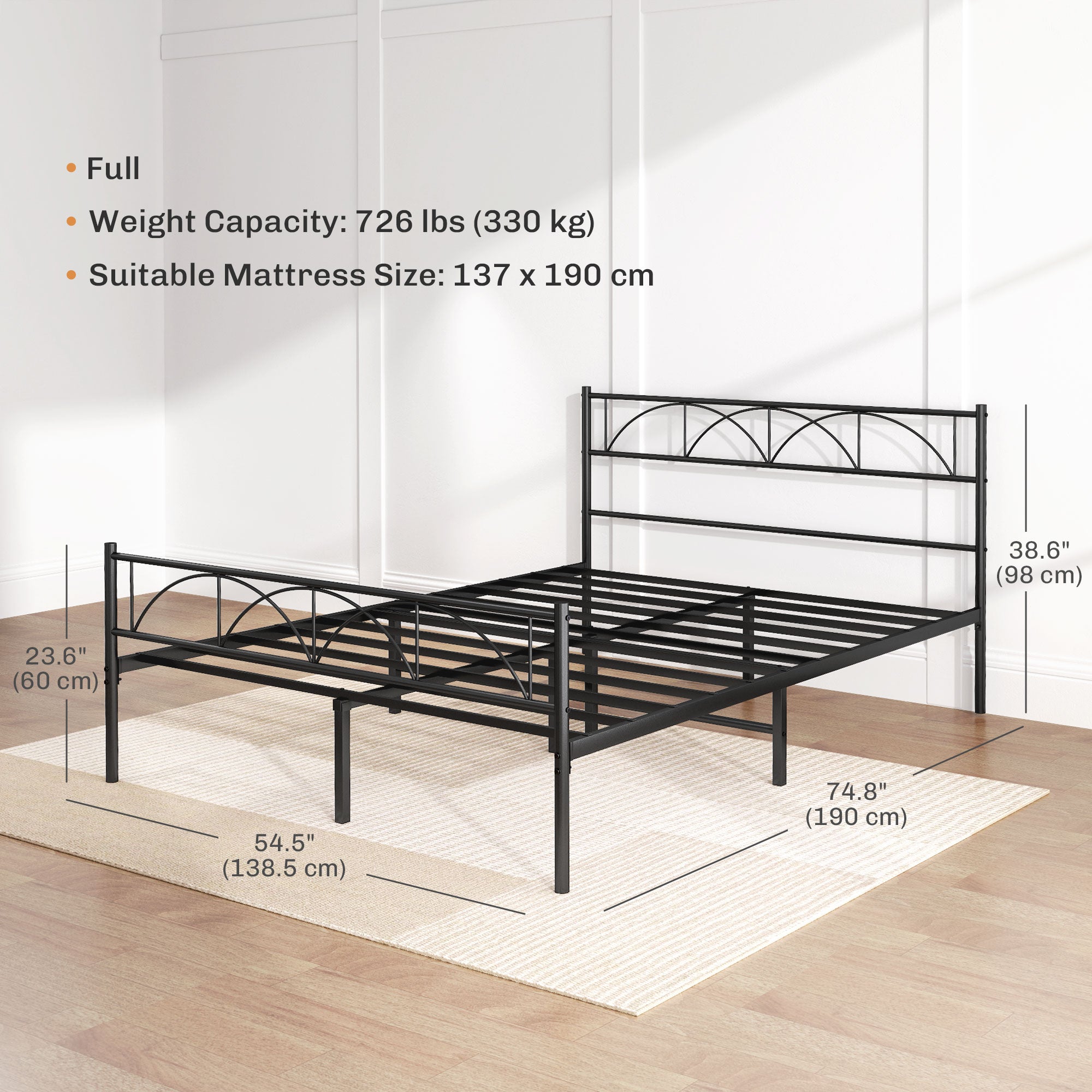 HOMCOM Full Bed Frame, Metal Platform Bed Frame with Headboard and Footboard, Steel Slat Support, Underbed Storage, No Box Spring Needed, Easy Assembly, Black