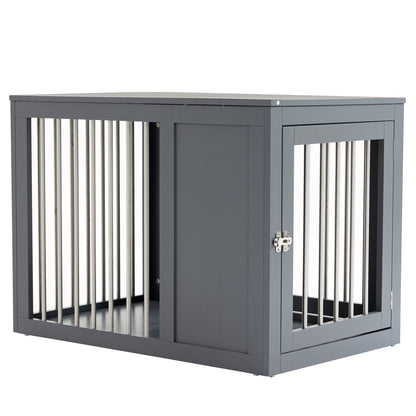 PawHut Dog Crate Furniture Wire Pet Cage Wooden Dog Kennel, End Table with Double Doors, and Locks, for Medium and Large Dog House Indoor Use, Gray