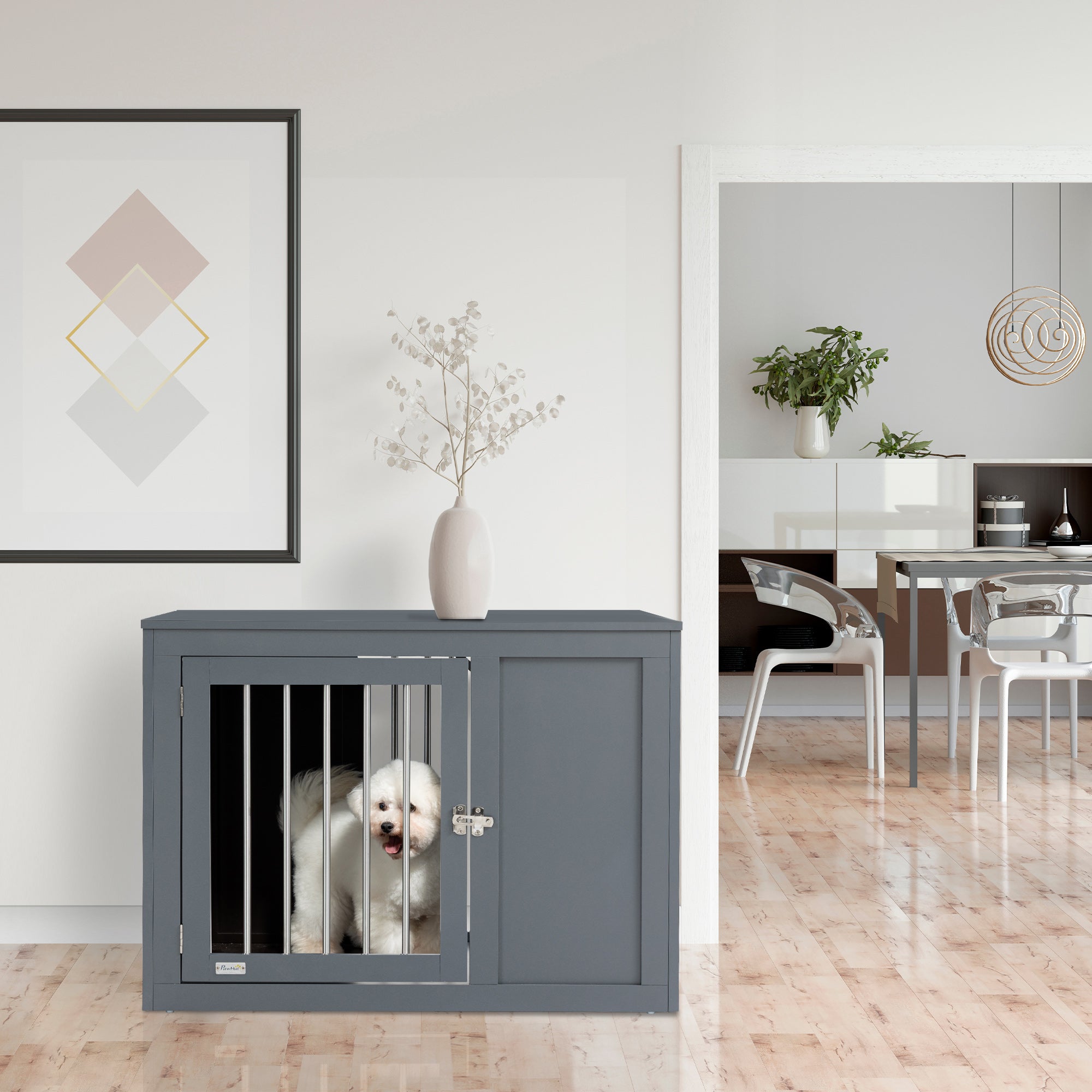 PawHut Dog Crate Furniture Wire Pet Cage Wooden Dog Kennel, End Table with Double Doors, and Locks, for Medium and Large Dog House Indoor Use, Gray