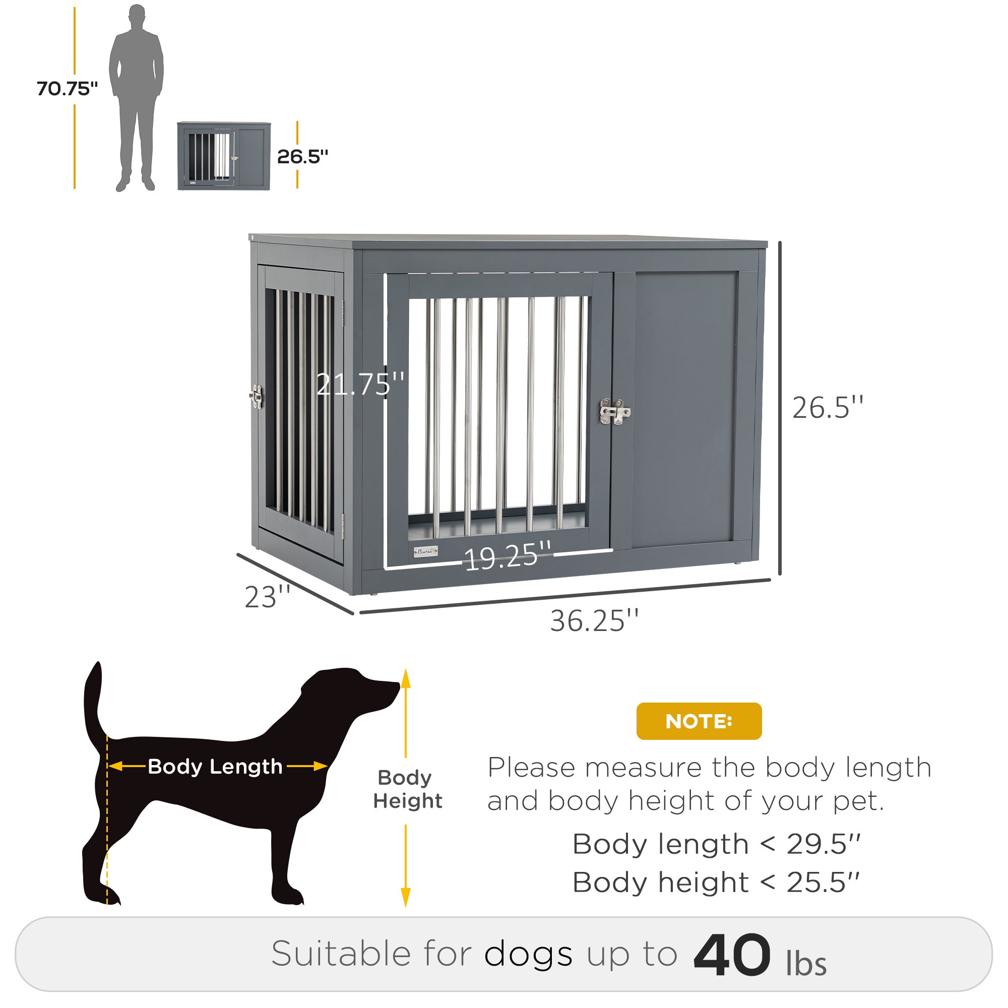 PawHut Dog Crate Furniture Wire Pet Cage Wooden Dog Kennel, End Table with Double Doors, and Locks, for Medium and Large Dog House Indoor Use, Gray