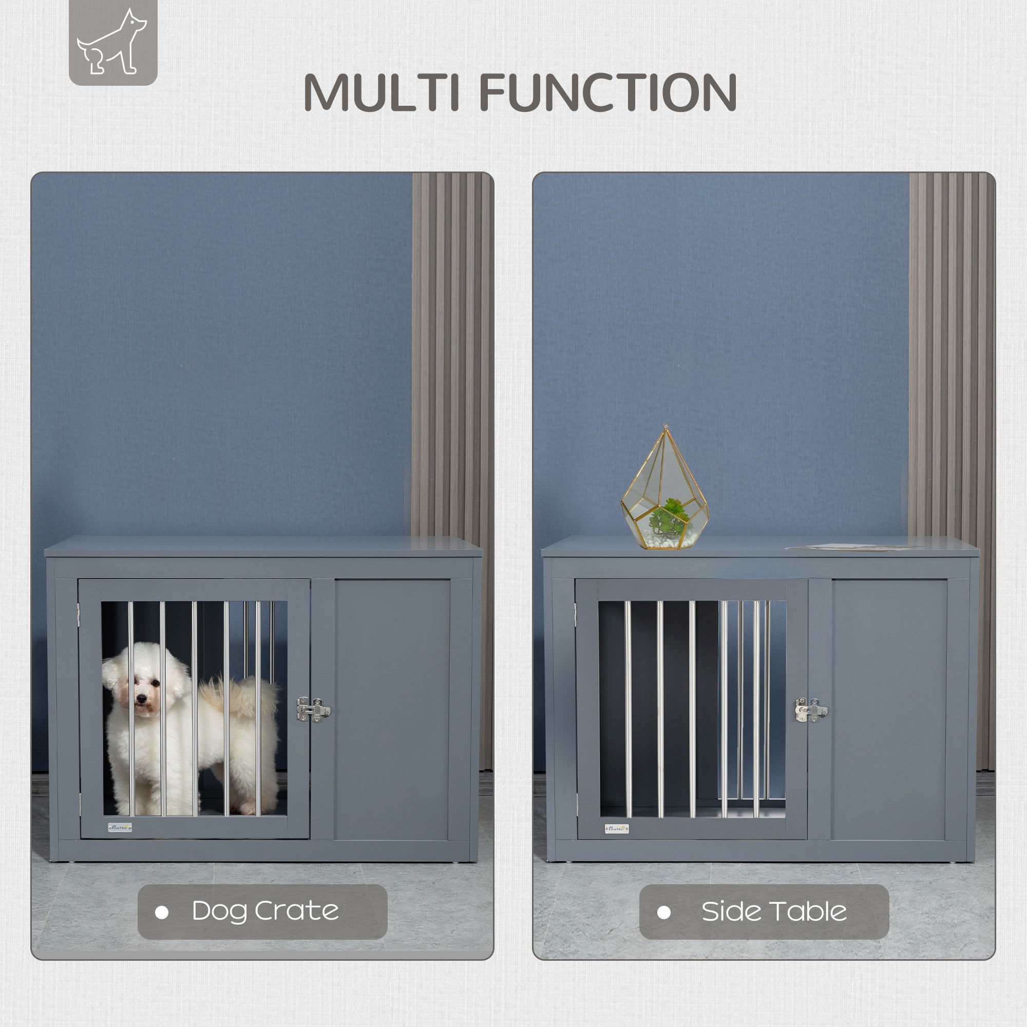 PawHut Dog Crate Furniture Wire Pet Cage Wooden Dog Kennel, End Table with Double Doors, and Locks, for Medium and Large Dog House Indoor Use, Gray