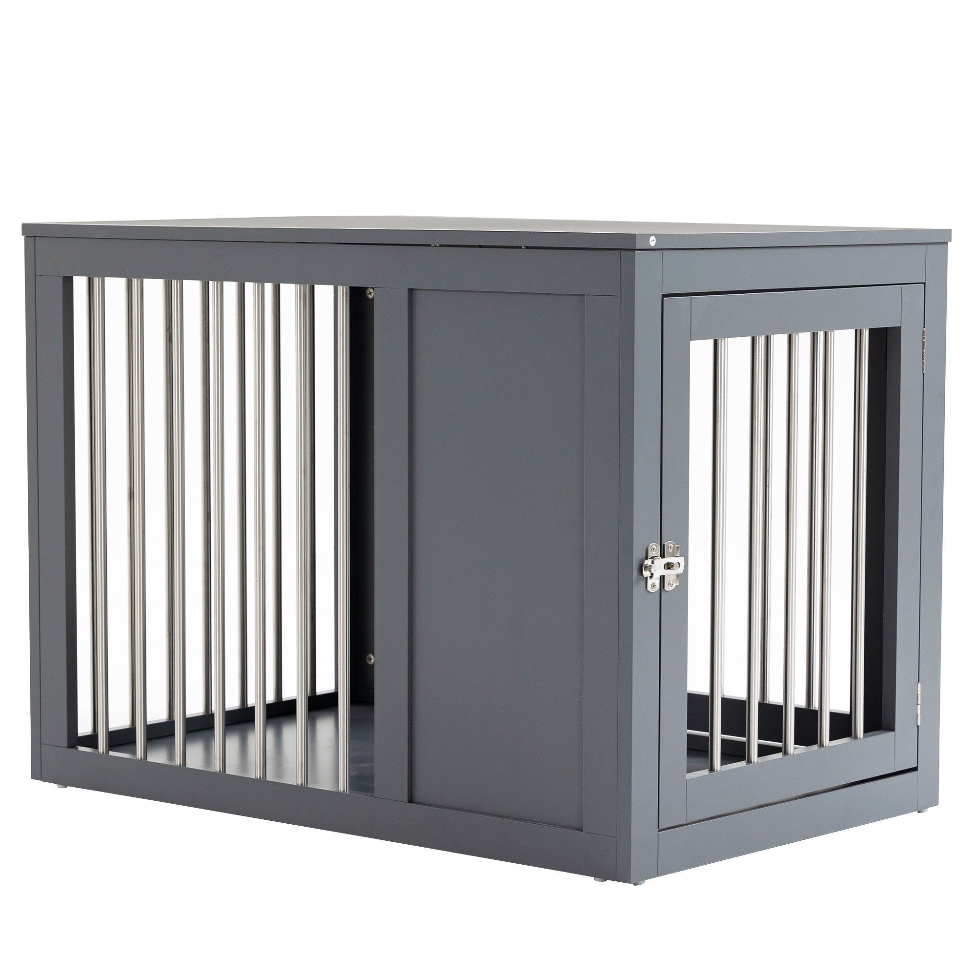 PawHut Dog Crate Furniture Wire Pet Cage Wooden Dog Kennel, End Table with Double Doors, and Locks, for Medium and Large Dog House Indoor Use, Gray