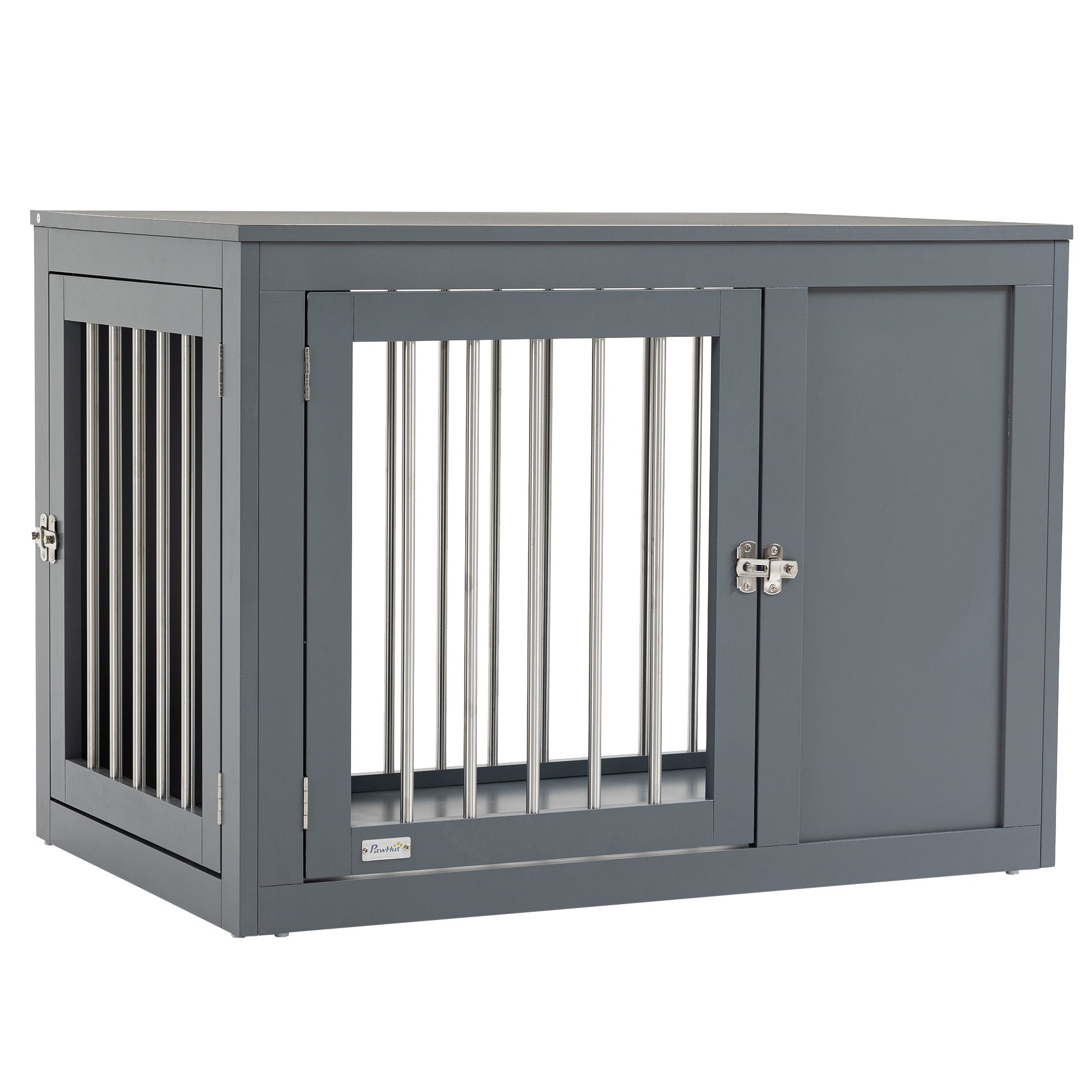 PawHut Dog Crate Furniture Wire Pet Cage Wooden Dog Kennel, End Table with Double Doors, and Locks, for Medium and Large Dog House Indoor Use, Gray