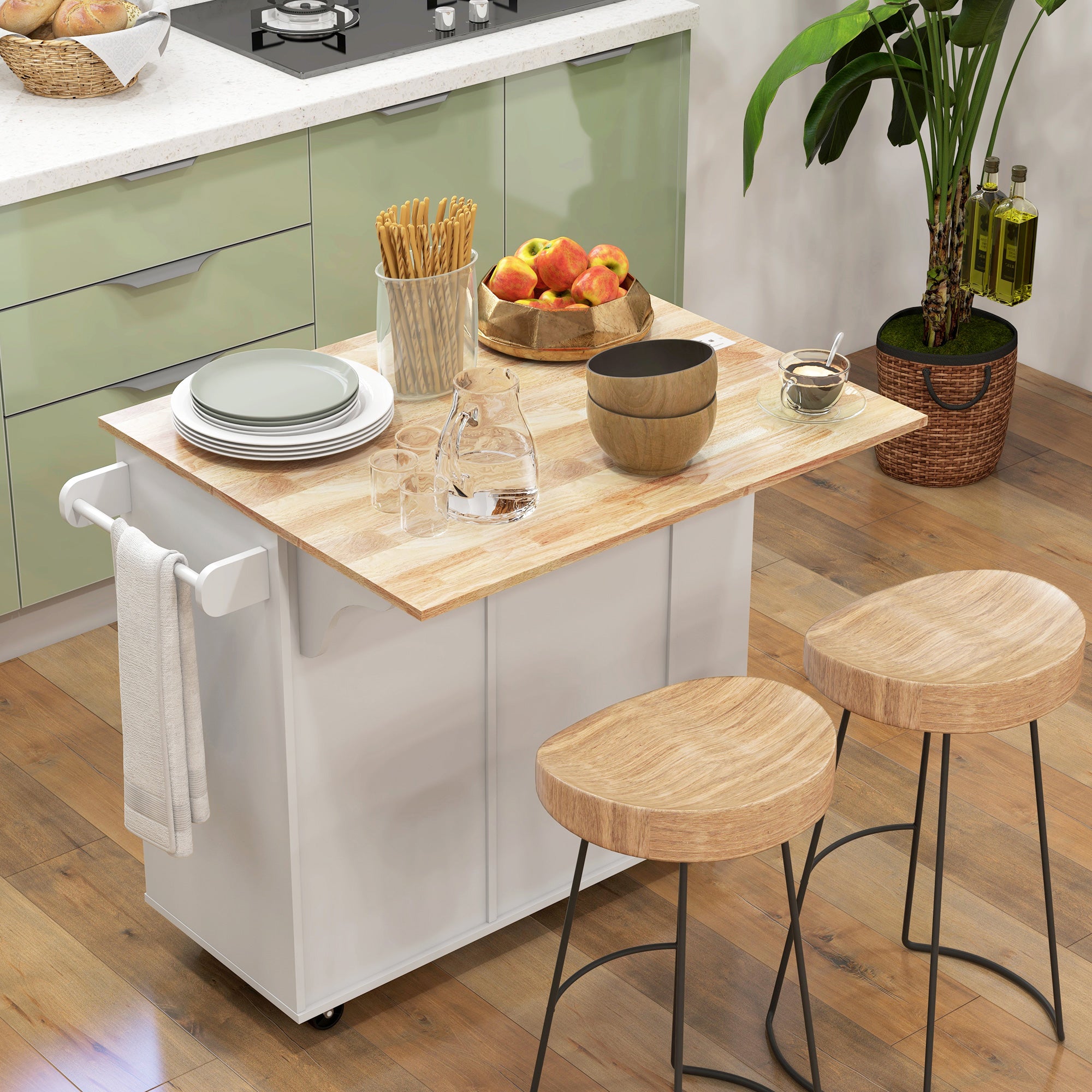 HOMCOM Kitchen Island with USB Ports & Power Outlets, Farmhouse Kitchen Cart with Wood Drop Leaf, Rolling Kitchen Island with 2 Drawers, Spice Rack and Adjustable Shelves, White