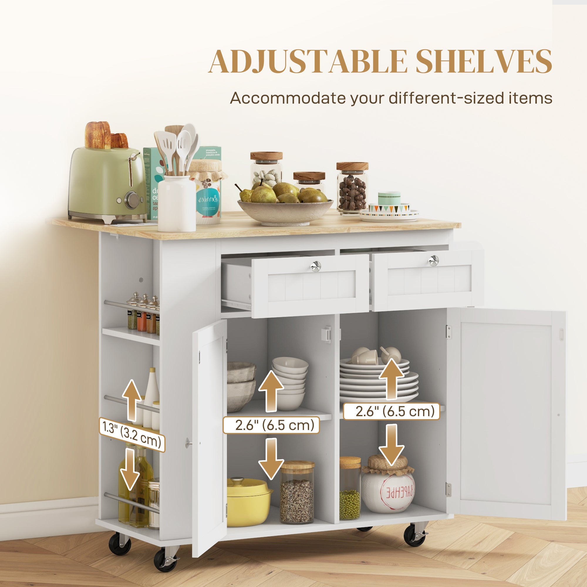 HOMCOM Kitchen Island with USB Ports & Power Outlets, Farmhouse Kitchen Cart with Wood Drop Leaf, Rolling Kitchen Island with 2 Drawers, Spice Rack and Adjustable Shelves, White