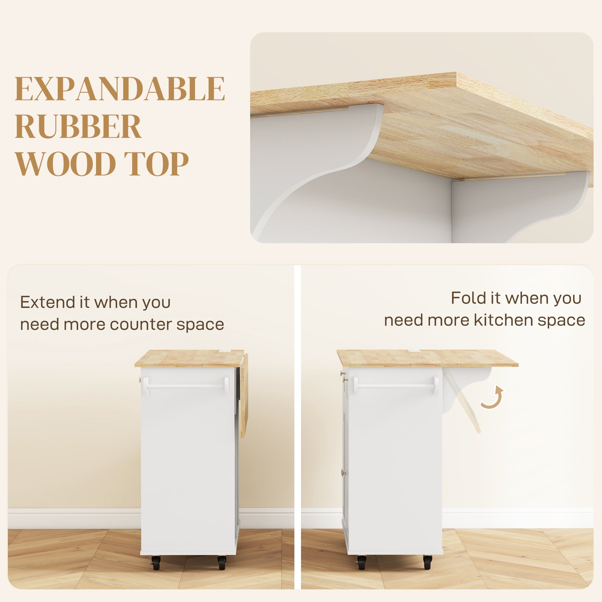 HOMCOM Kitchen Island with USB Ports & Power Outlets, Farmhouse Kitchen Cart with Wood Drop Leaf, Rolling Kitchen Island with 2 Drawers, Spice Rack and Adjustable Shelves, White