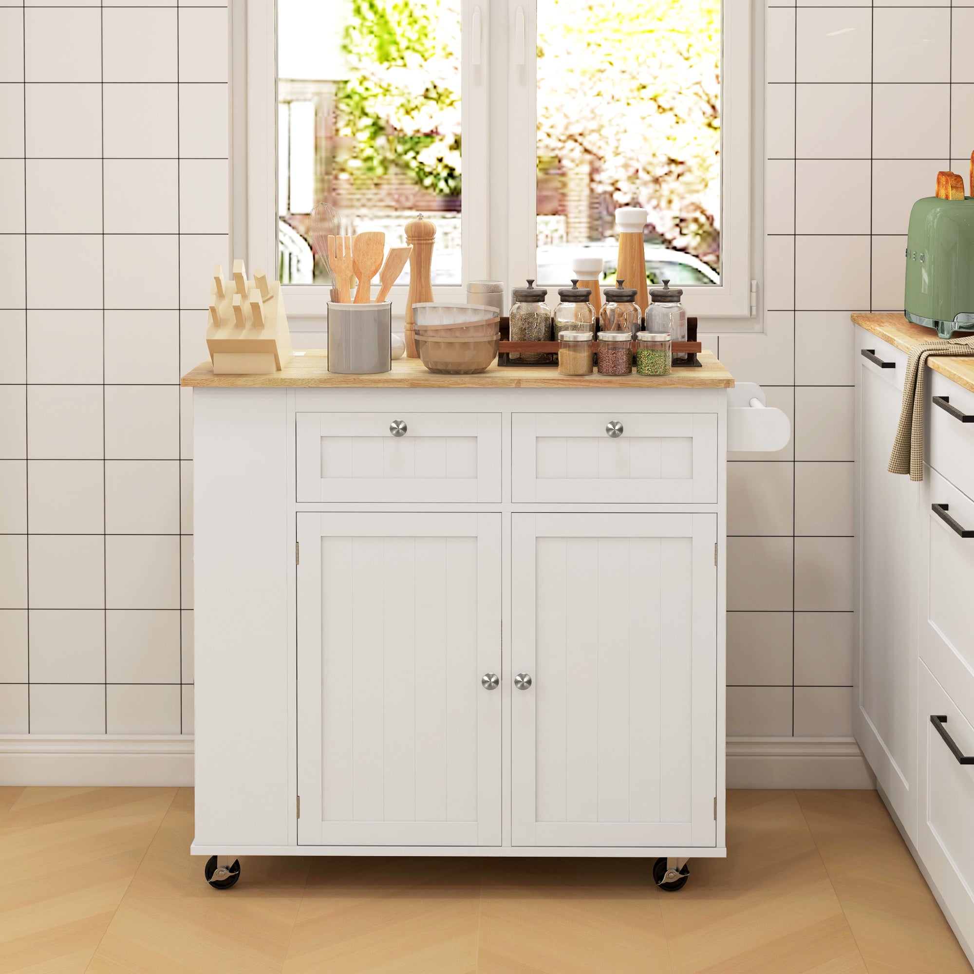 HOMCOM Kitchen Island with USB Ports & Power Outlets, Farmhouse Kitchen Cart with Wood Drop Leaf, Rolling Kitchen Island with 2 Drawers, Spice Rack and Adjustable Shelves, White