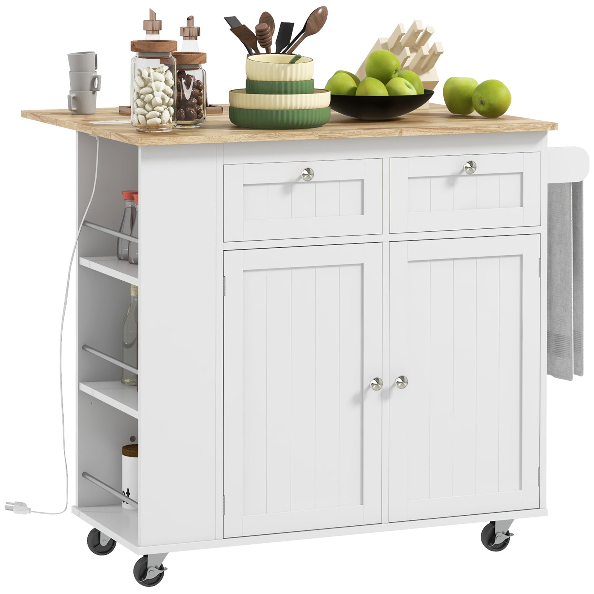 HOMCOM Kitchen Island with USB Ports & Power Outlets, Farmhouse Kitchen Cart with Wood Drop Leaf, Rolling Kitchen Island with 2 Drawers, Spice Rack and Adjustable Shelves, White