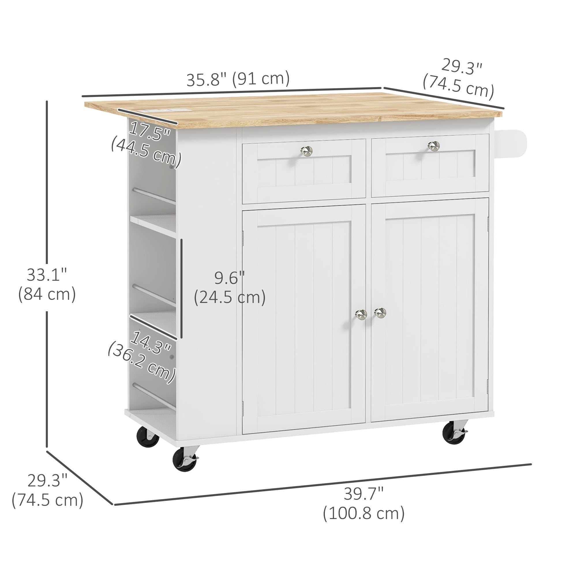 HOMCOM Kitchen Island with USB Ports & Power Outlets, Farmhouse Kitchen Cart with Wood Drop Leaf, Rolling Kitchen Island with 2 Drawers, Spice Rack and Adjustable Shelves, White
