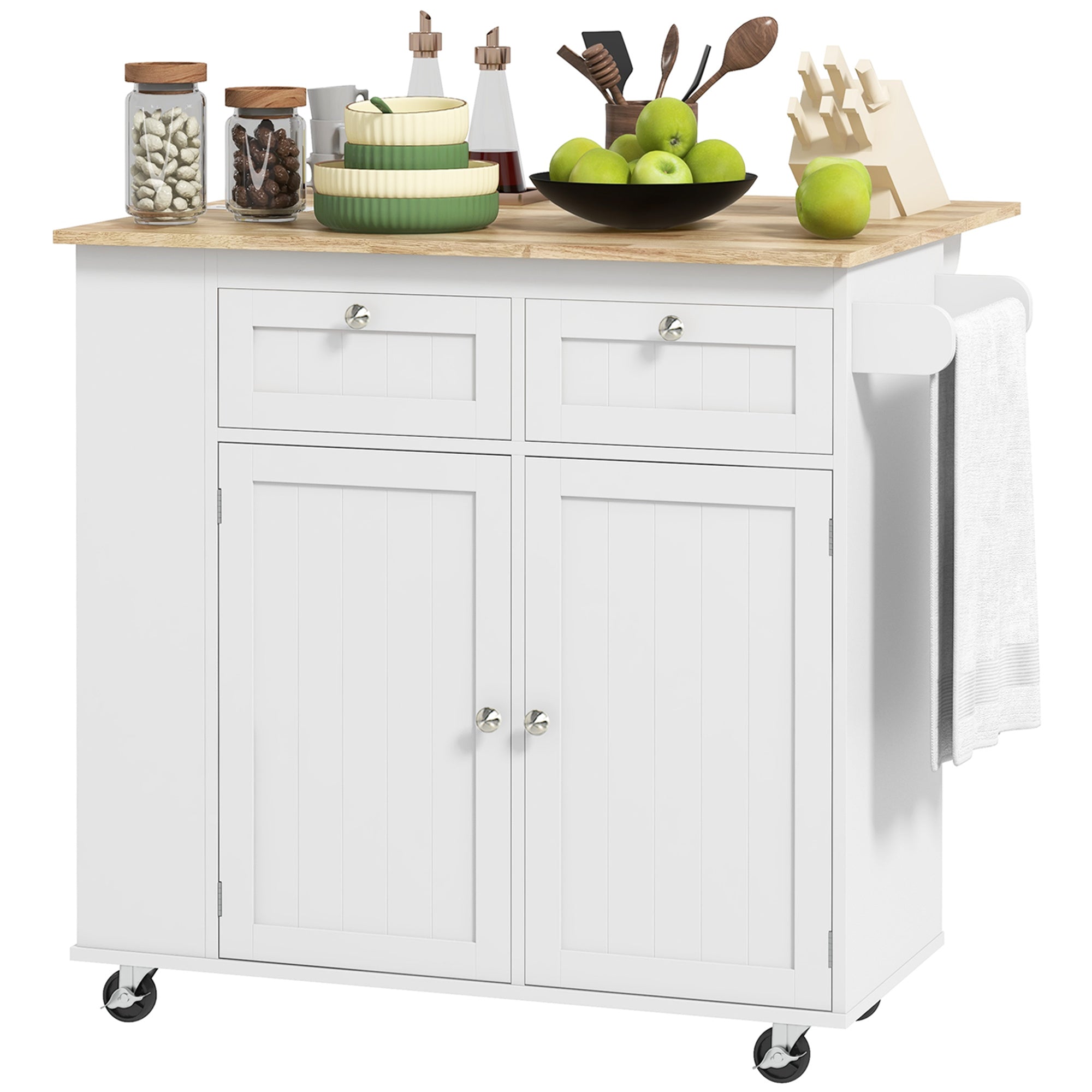 HOMCOM Kitchen Island with USB Ports & Power Outlets, Farmhouse Kitchen Cart with Wood Drop Leaf, Rolling Kitchen Island with 2 Drawers, Spice Rack and Adjustable Shelves, White