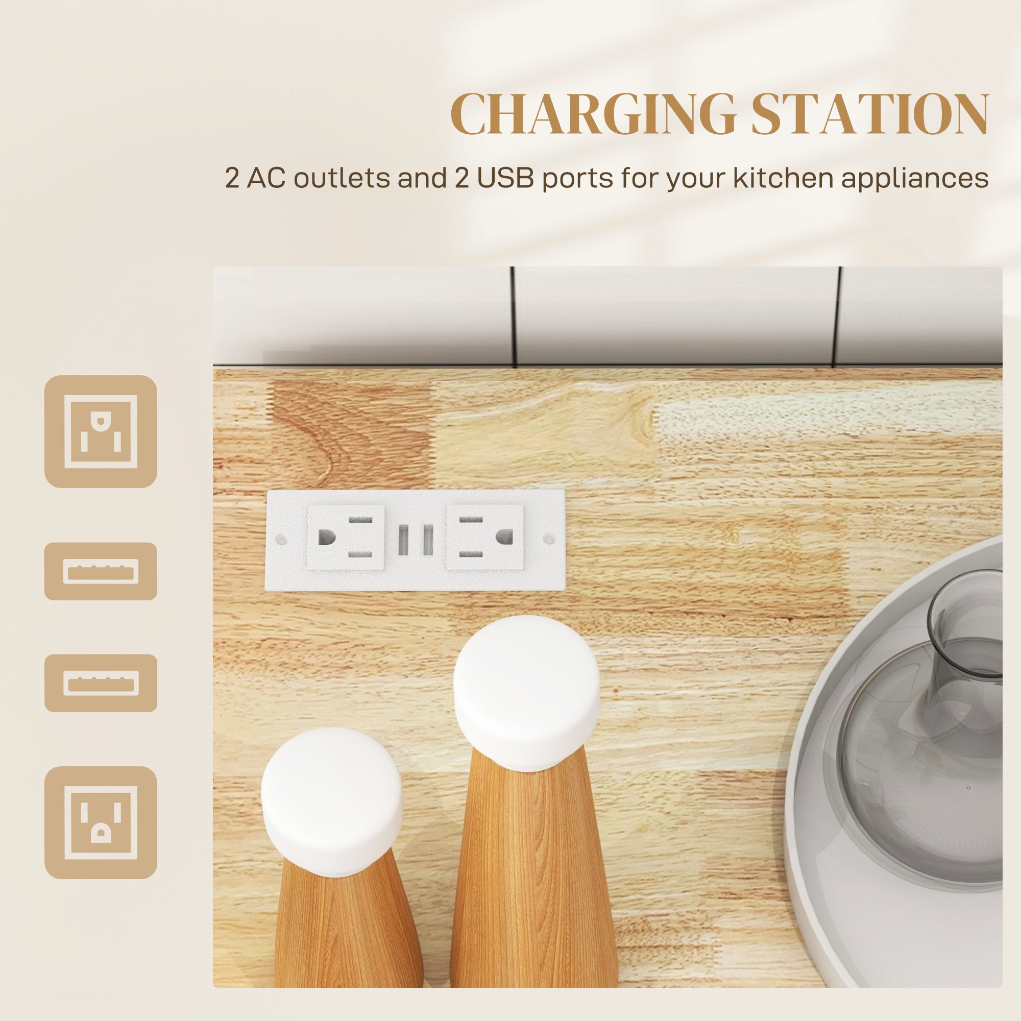 HOMCOM Kitchen Island with USB Ports & Power Outlets, Farmhouse Kitchen Cart with Wood Drop Leaf, Rolling Kitchen Island with 2 Drawers, Spice Rack and Adjustable Shelves, White