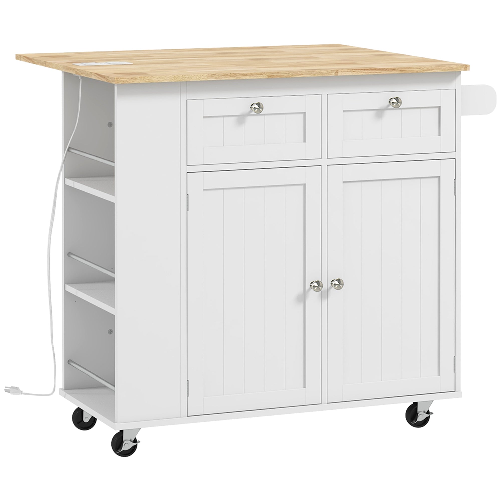 HOMCOM Kitchen Island with USB Ports & Power Outlets, Farmhouse Kitchen Cart with Wood Drop Leaf, Rolling Kitchen Island with 2 Drawers, Spice Rack and Adjustable Shelves, White