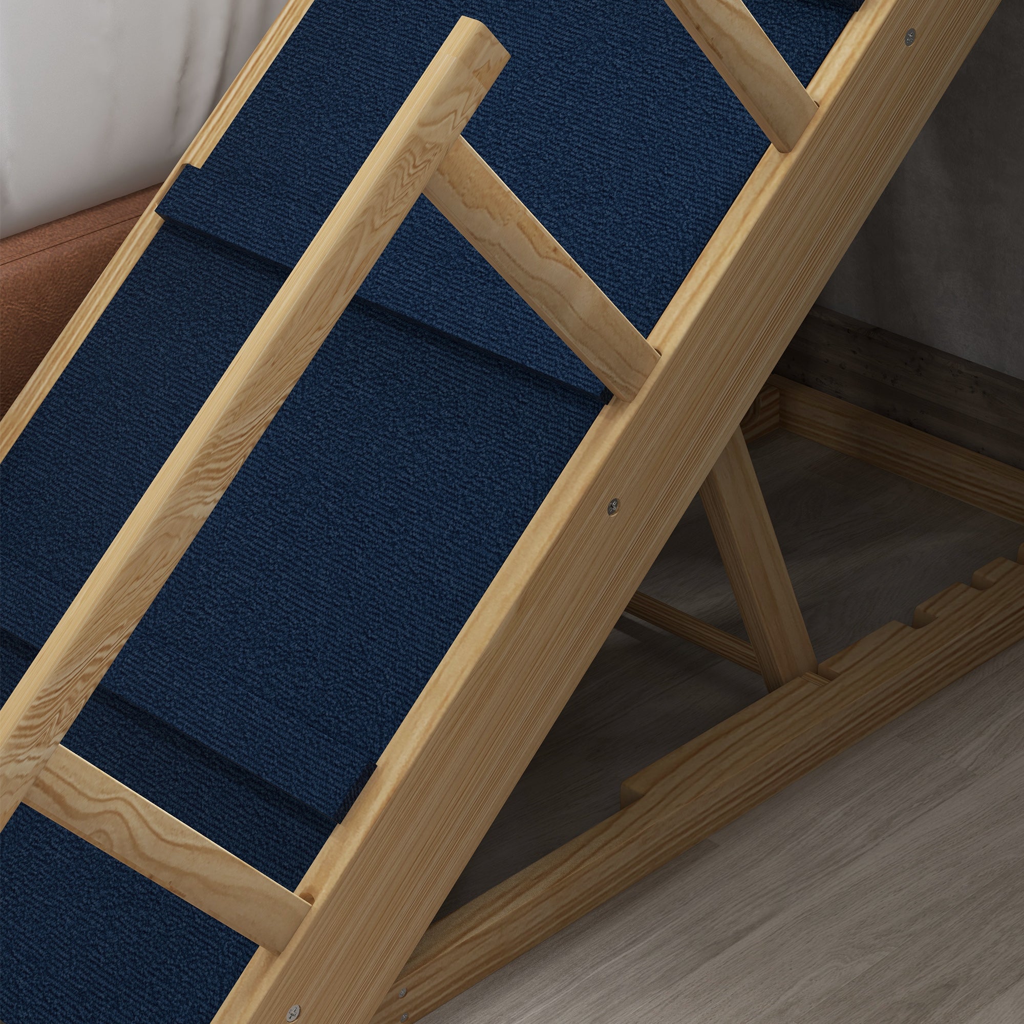 PawHut Dog Stairs, Adjustable Pet Stairs, Foldable Dog Steps with Non-slip Mat, Safety Railings, for Small to Large Dogs for High Bed Sofa Couch, Natural Wood Finish
