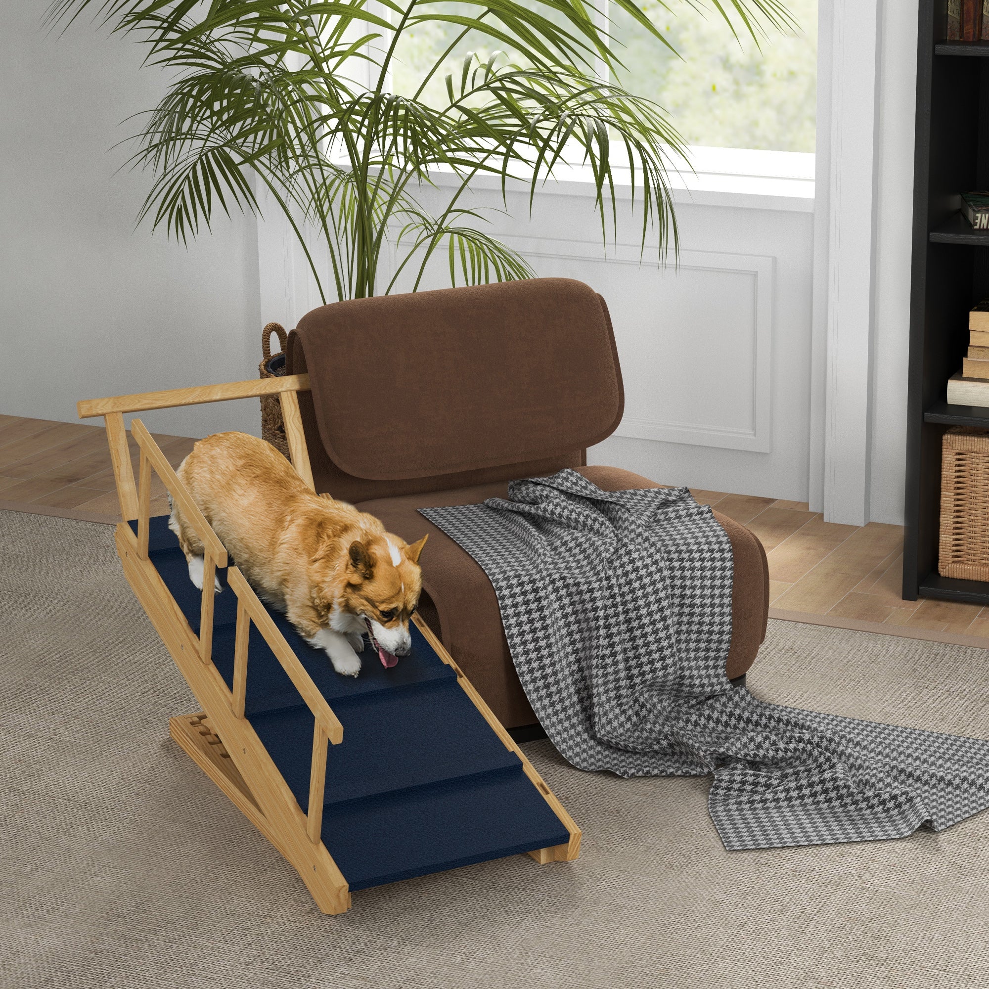 PawHut Dog Stairs, Adjustable Pet Stairs, Foldable Dog Steps with Non-slip Mat, Safety Railings, for Small to Large Dogs for High Bed Sofa Couch, Natural Wood Finish