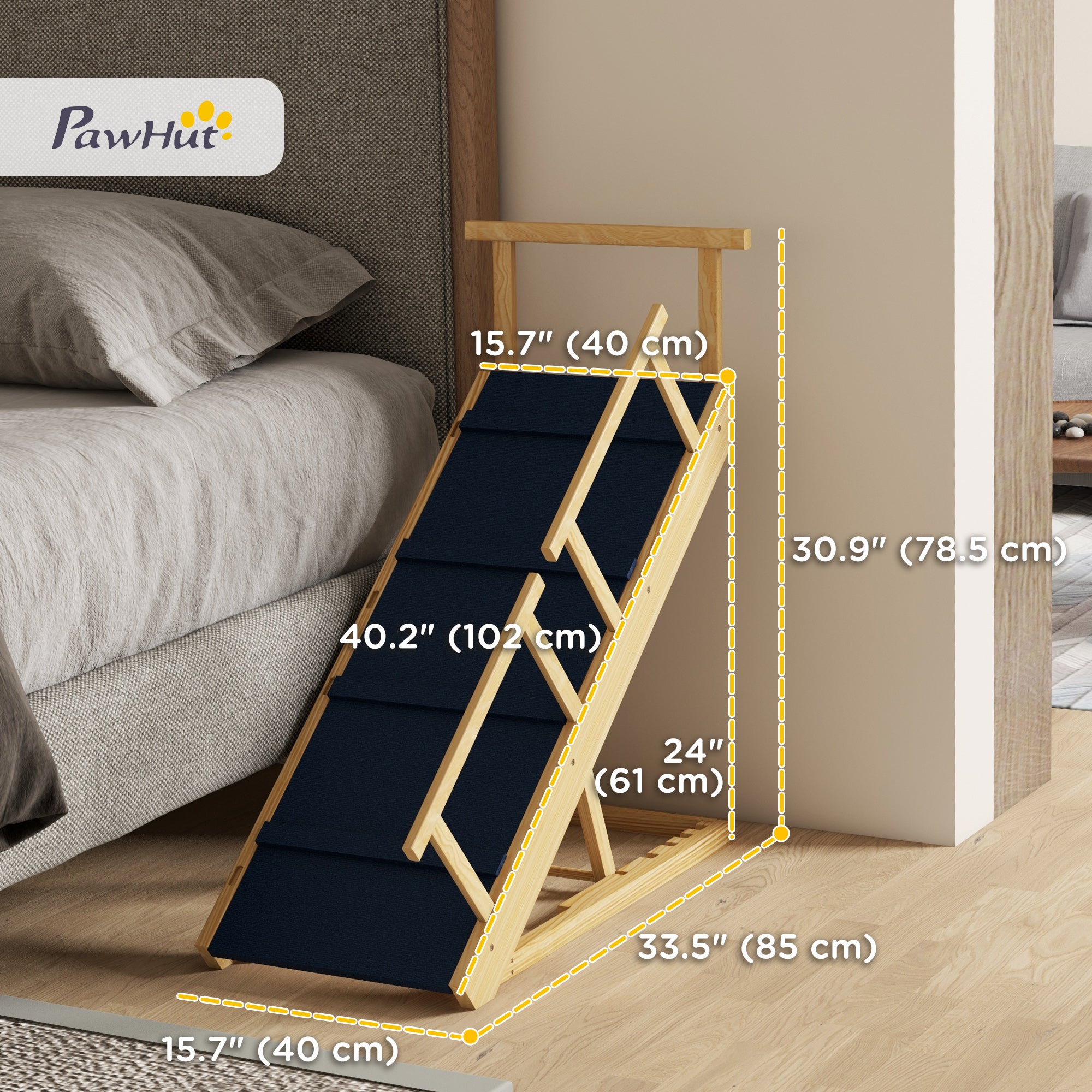 PawHut Dog Stairs, Adjustable Pet Stairs, Foldable Dog Steps with Non-slip Mat, Safety Railings, for Small to Large Dogs for High Bed Sofa Couch, Natural Wood Finish