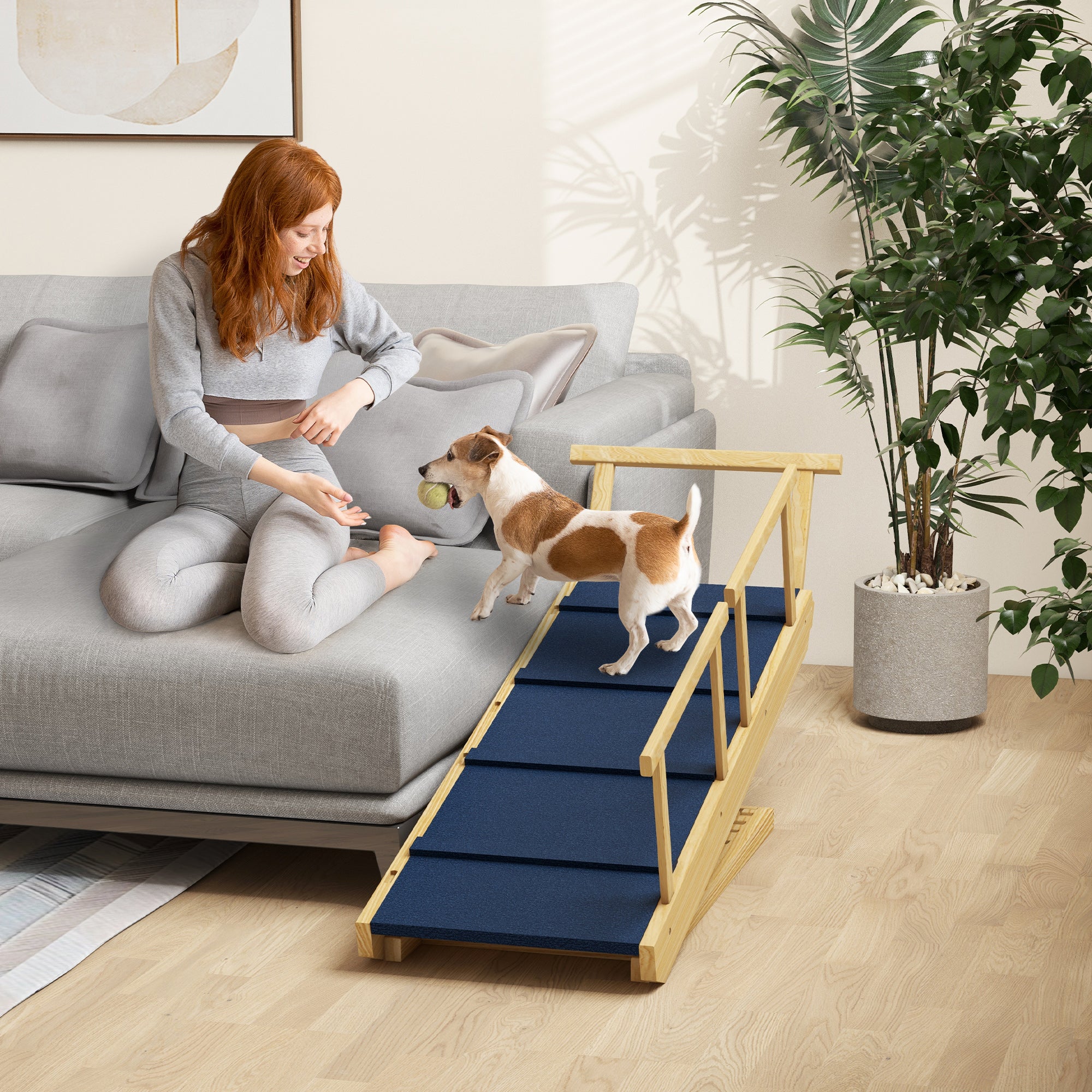 PawHut Dog Stairs, Adjustable Pet Stairs, Foldable Dog Steps with Non-slip Mat, Safety Railings, for Small to Large Dogs for High Bed Sofa Couch, Natural Wood Finish