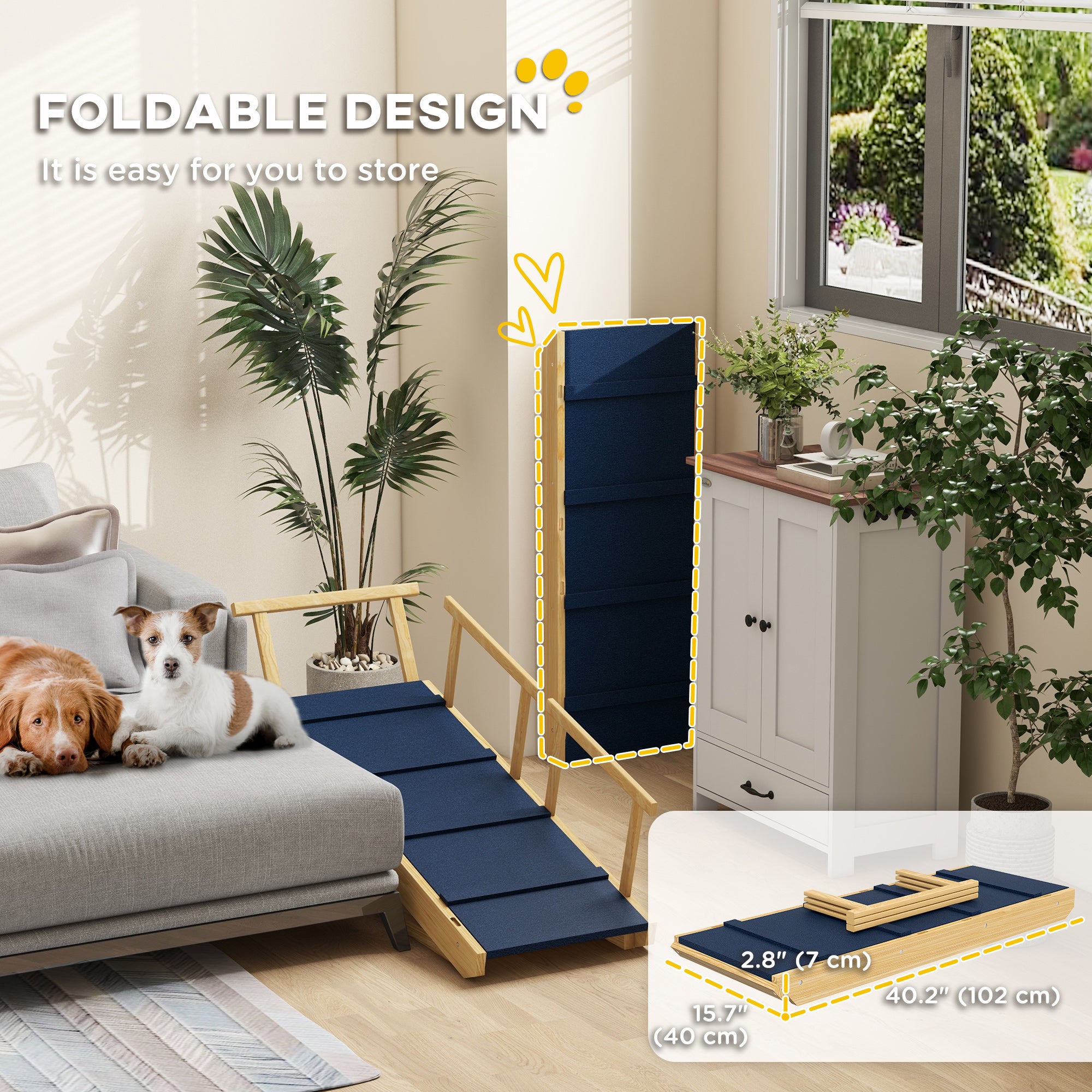 PawHut Dog Stairs, Adjustable Pet Stairs, Foldable Dog Steps with Non-slip Mat, Safety Railings, for Small to Large Dogs for High Bed Sofa Couch, Natural Wood Finish