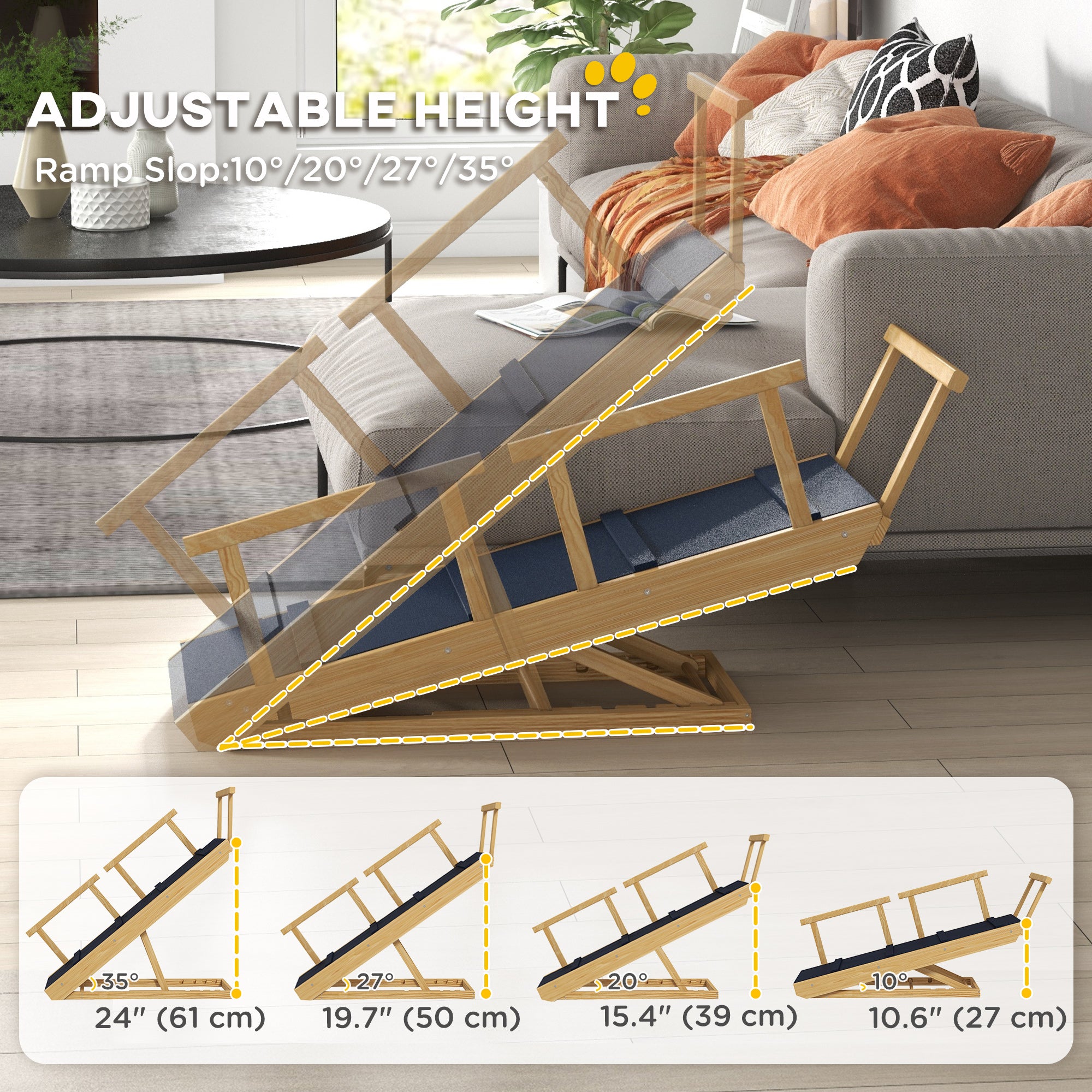 PawHut Dog Stairs, Adjustable Pet Stairs, Foldable Dog Steps with Non-slip Mat, Safety Railings, for Small to Large Dogs for High Bed Sofa Couch, Natural Wood Finish