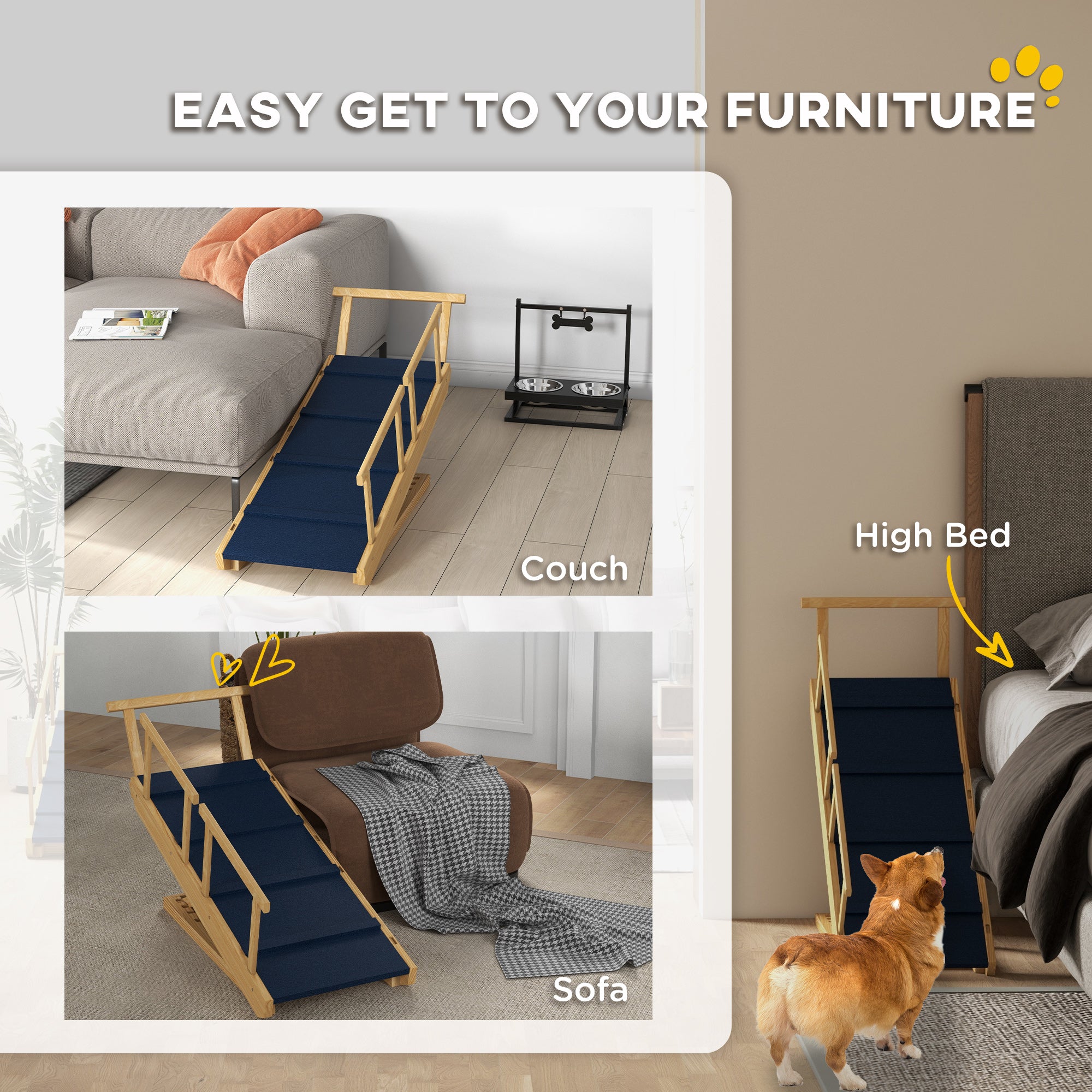 PawHut Dog Stairs, Adjustable Pet Stairs, Foldable Dog Steps with Non-slip Mat, Safety Railings, for Small to Large Dogs for High Bed Sofa Couch, Natural Wood Finish