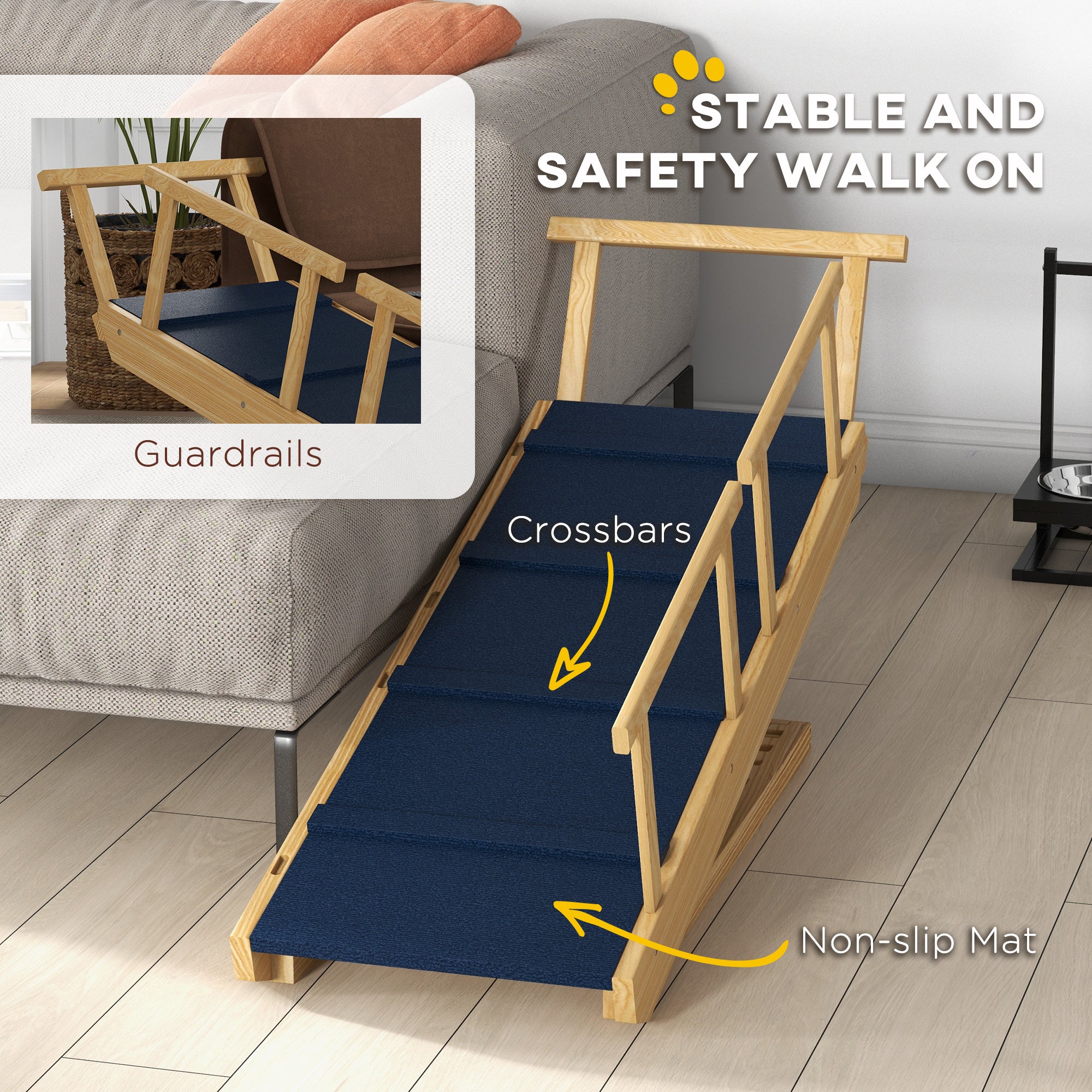 PawHut Dog Stairs, Adjustable Pet Stairs, Foldable Dog Steps with Non-slip Mat, Safety Railings, for Small to Large Dogs for High Bed Sofa Couch, Natural Wood Finish