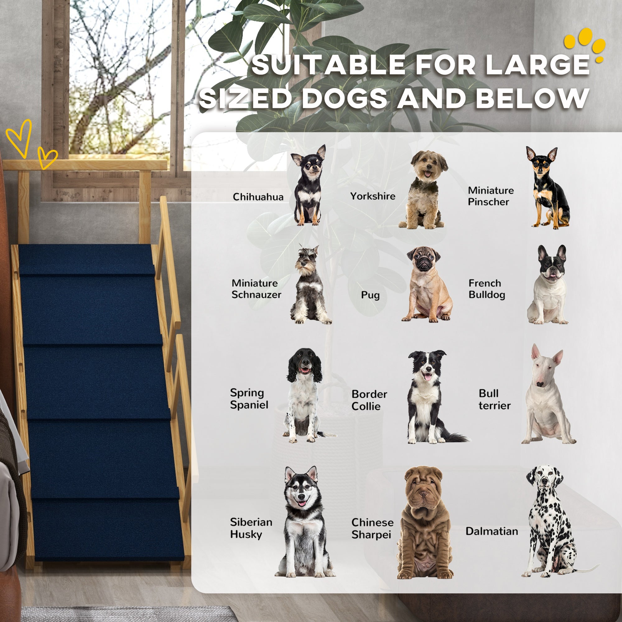 PawHut Dog Stairs, Adjustable Pet Stairs, Foldable Dog Steps with Non-slip Mat, Safety Railings, for Small to Large Dogs for High Bed Sofa Couch, Natural Wood Finish