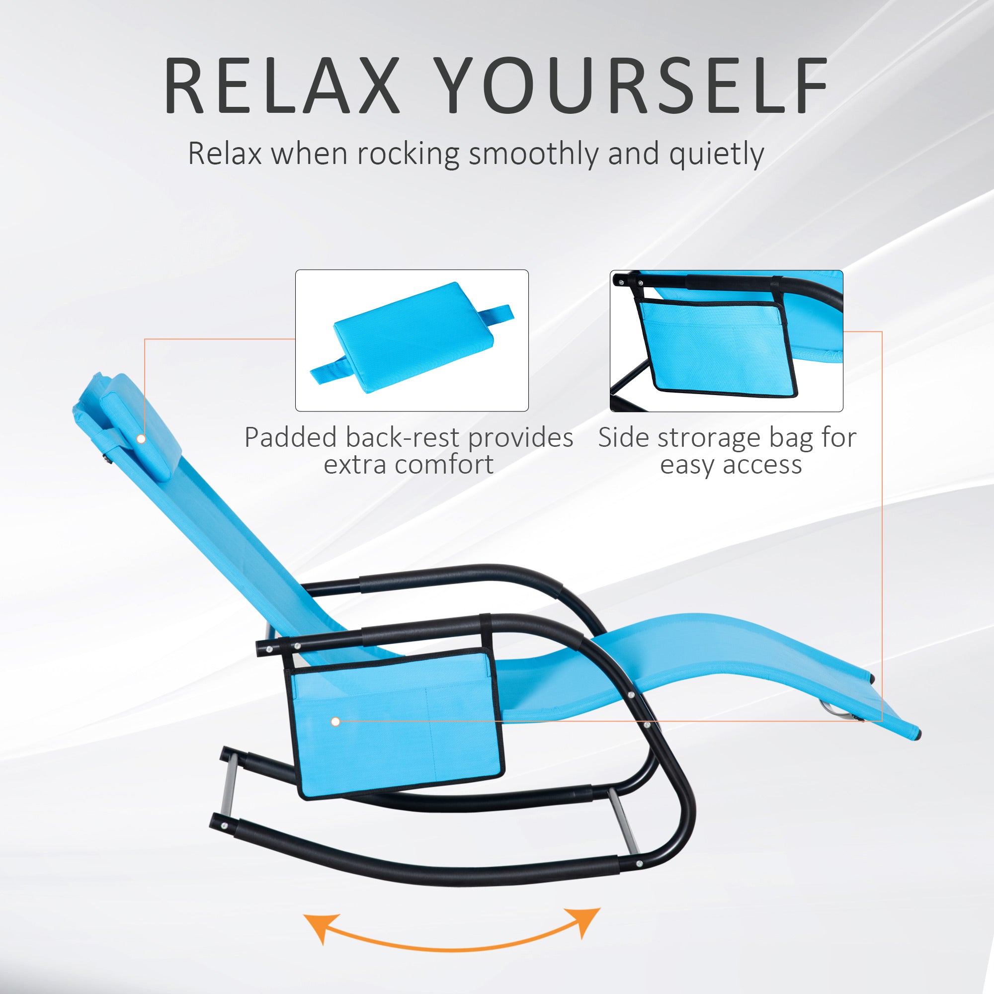 Outsunny Patio Rocking Chair with Mesh Fabric, Outdoor Rocking Sling Sun Lounger with Removable Headrest and Side Pocket for Garden, Deck, Lawn, Dark Blue