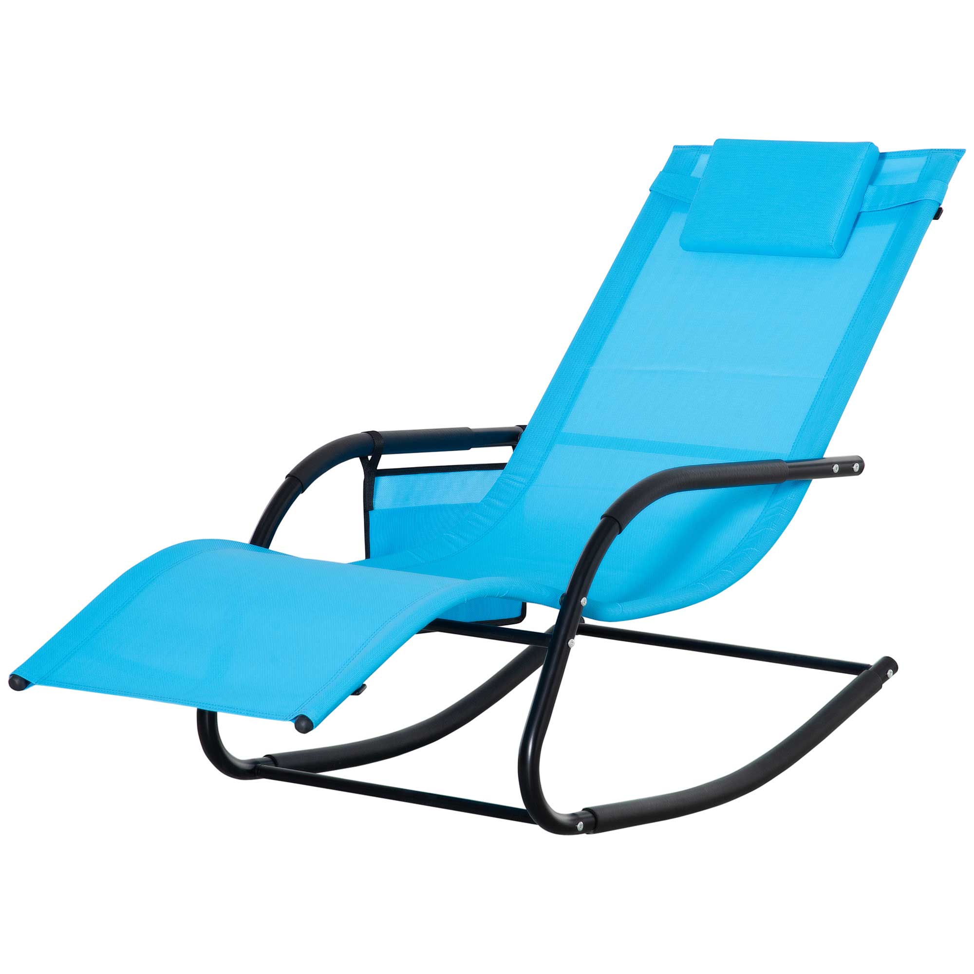 Outsunny Patio Rocking Chair with Mesh Fabric, Outdoor Rocking Sling Sun Lounger with Removable Headrest and Side Pocket for Garden, Deck, Lawn, Dark Blue