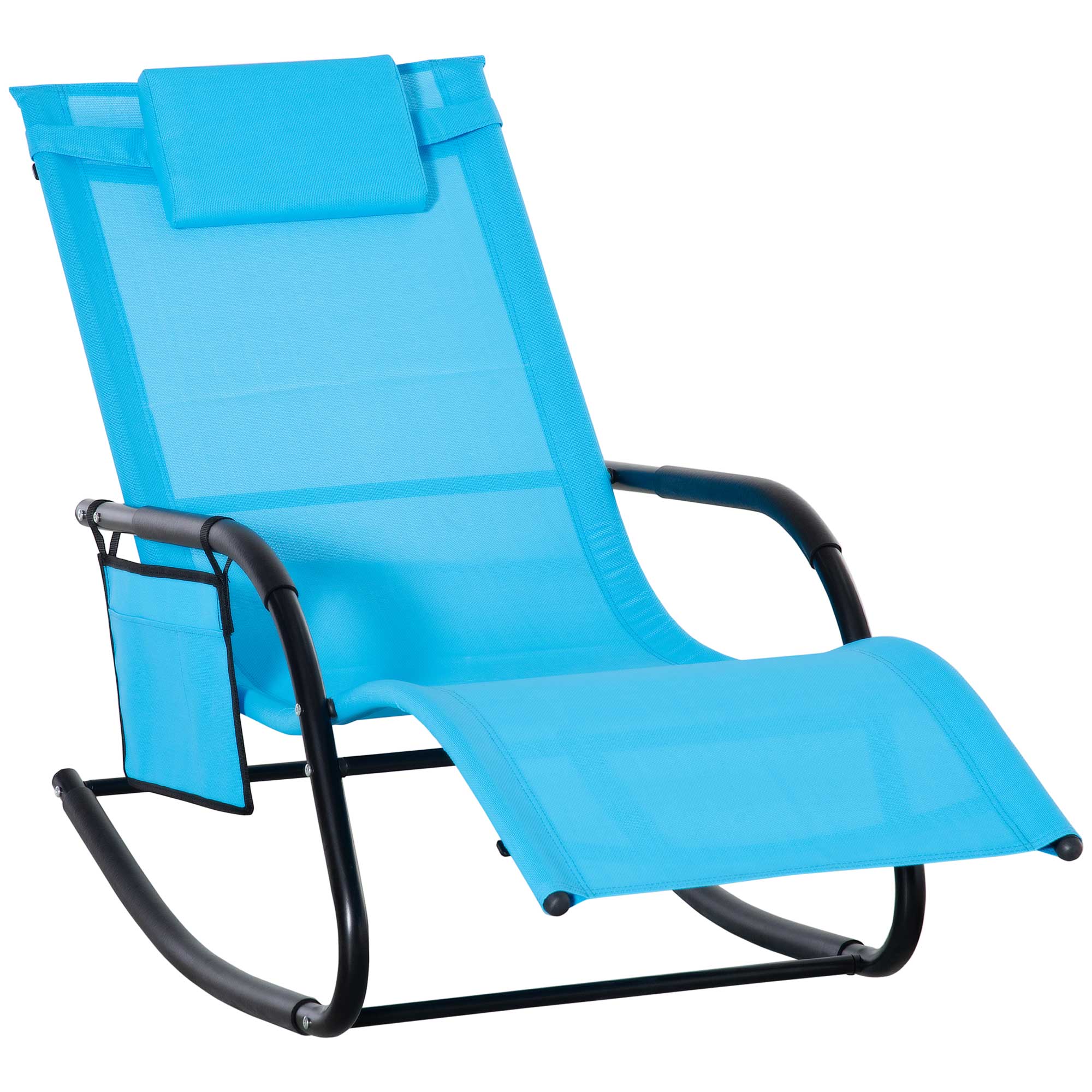 Outsunny Patio Rocking Chair with Mesh Fabric, Outdoor Rocking Sling Sun Lounger with Removable Headrest and Side Pocket for Garden, Deck, Lawn, Dark Blue