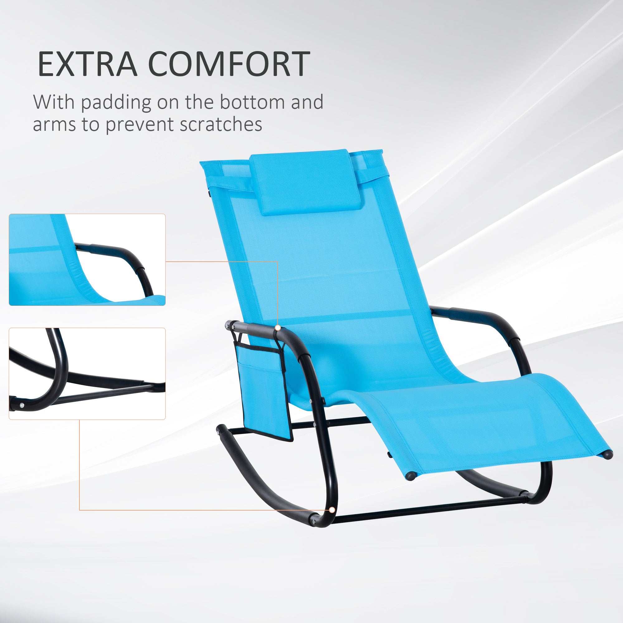 Outsunny Patio Rocking Chair with Mesh Fabric, Outdoor Rocking Sling Sun Lounger with Removable Headrest and Side Pocket for Garden, Deck, Lawn, Dark Blue