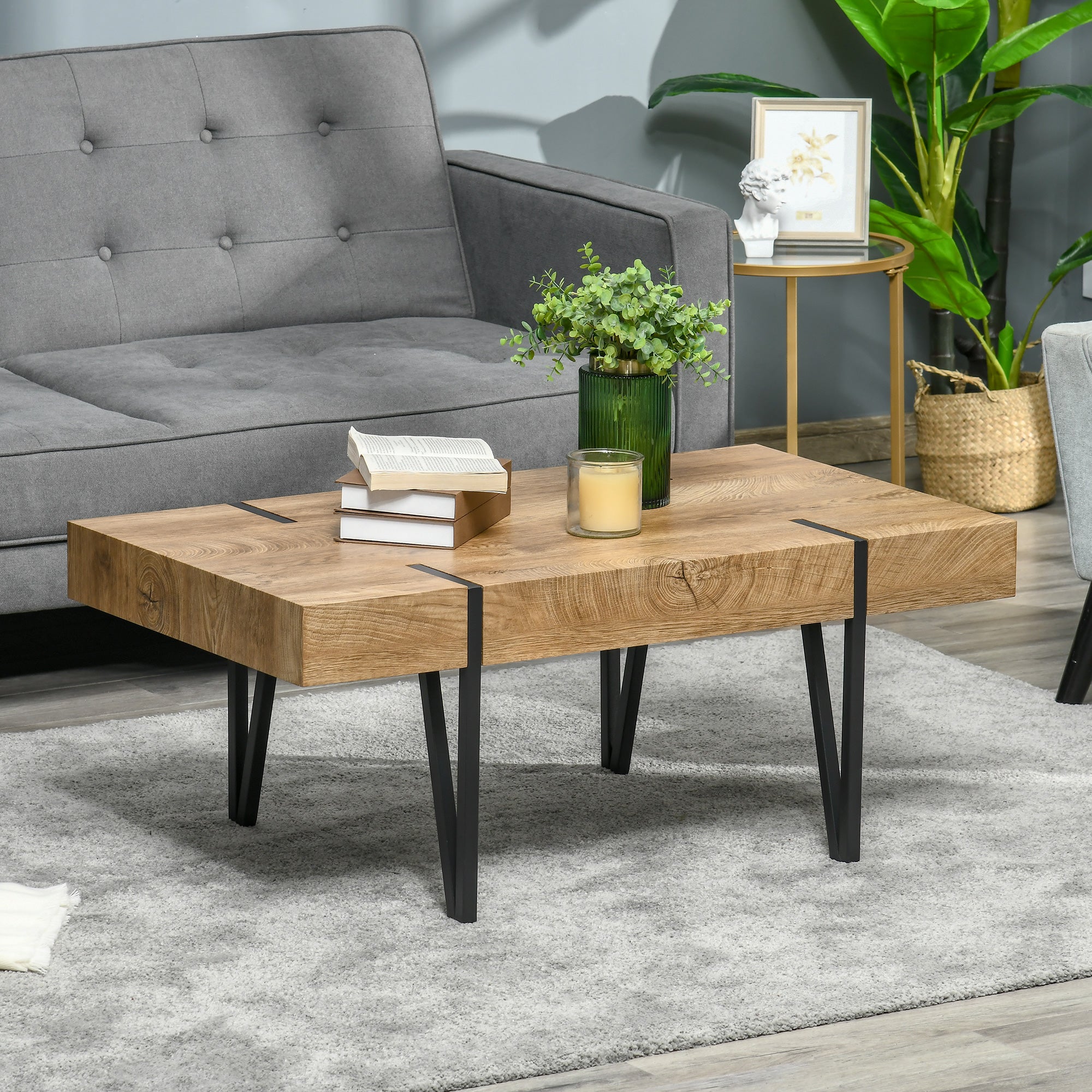 HOMCOM Rustic Coffee Table, Rectangle Nature Cocktail Table with Steel Hairpin Legs for Living Room