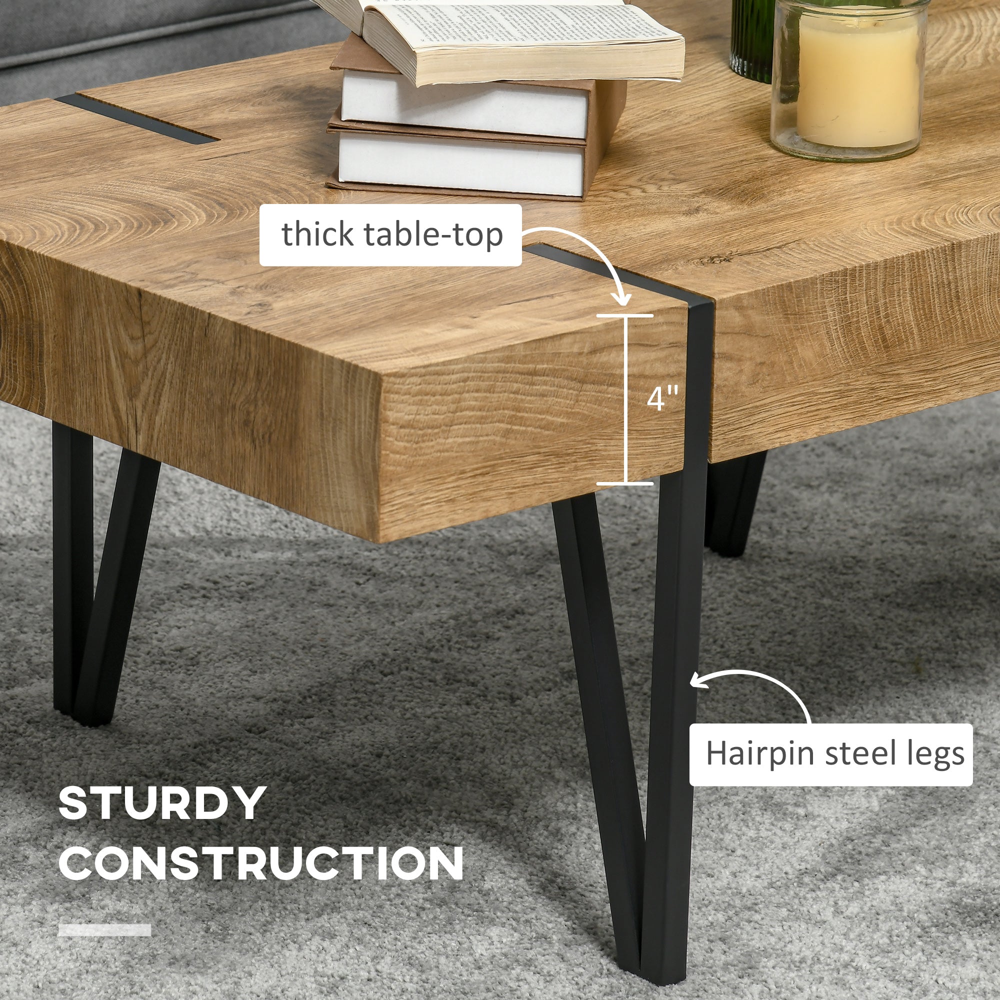 HOMCOM Rustic Coffee Table, Rectangle Nature Cocktail Table with Steel Hairpin Legs for Living Room