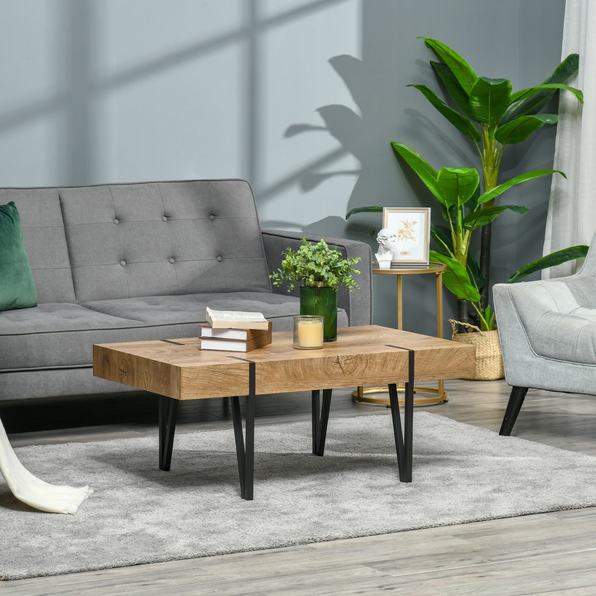 HOMCOM Rustic Coffee Table, Rectangle Nature Cocktail Table with Steel Hairpin Legs for Living Room