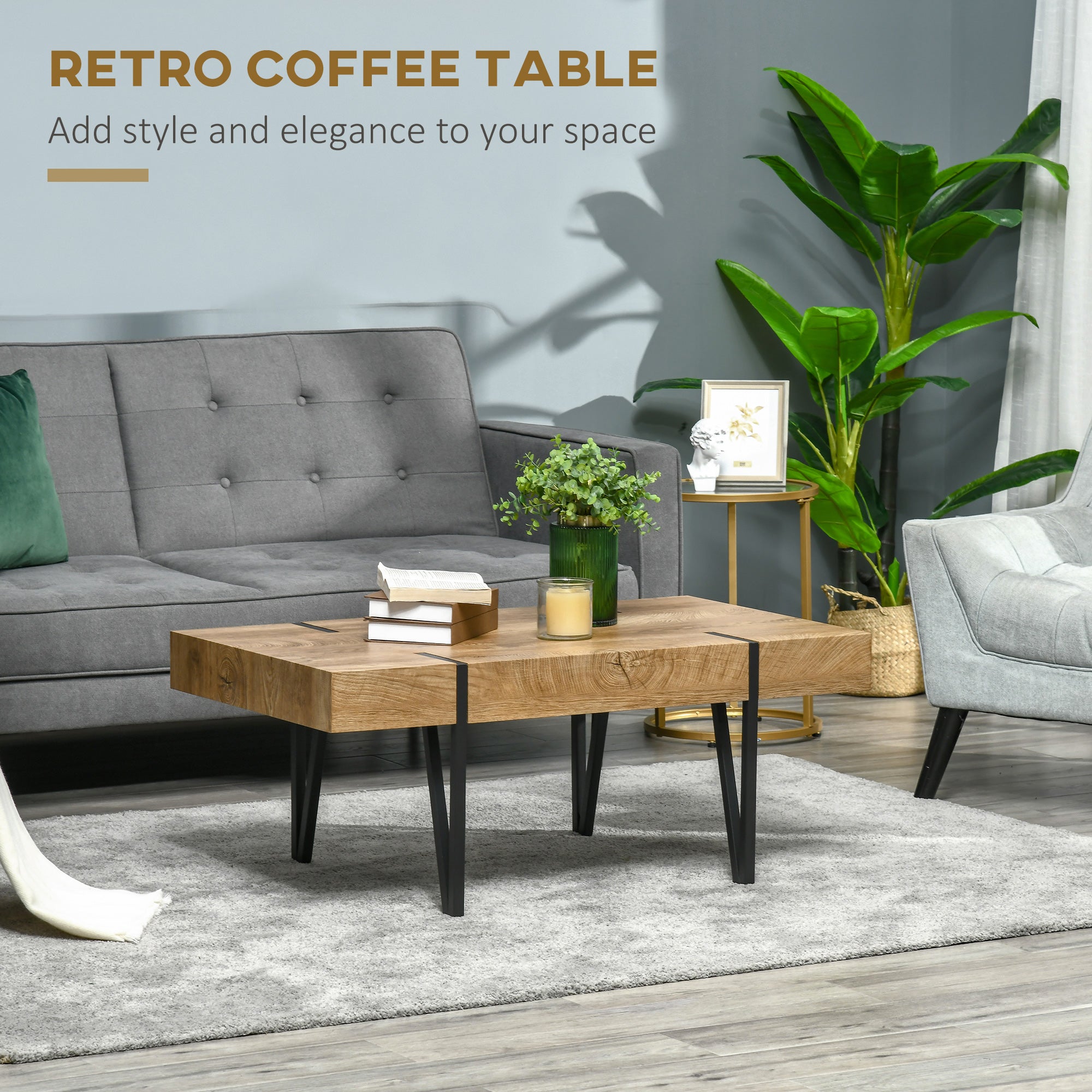 HOMCOM Rustic Coffee Table, Rectangle Nature Cocktail Table with Steel Hairpin Legs for Living Room