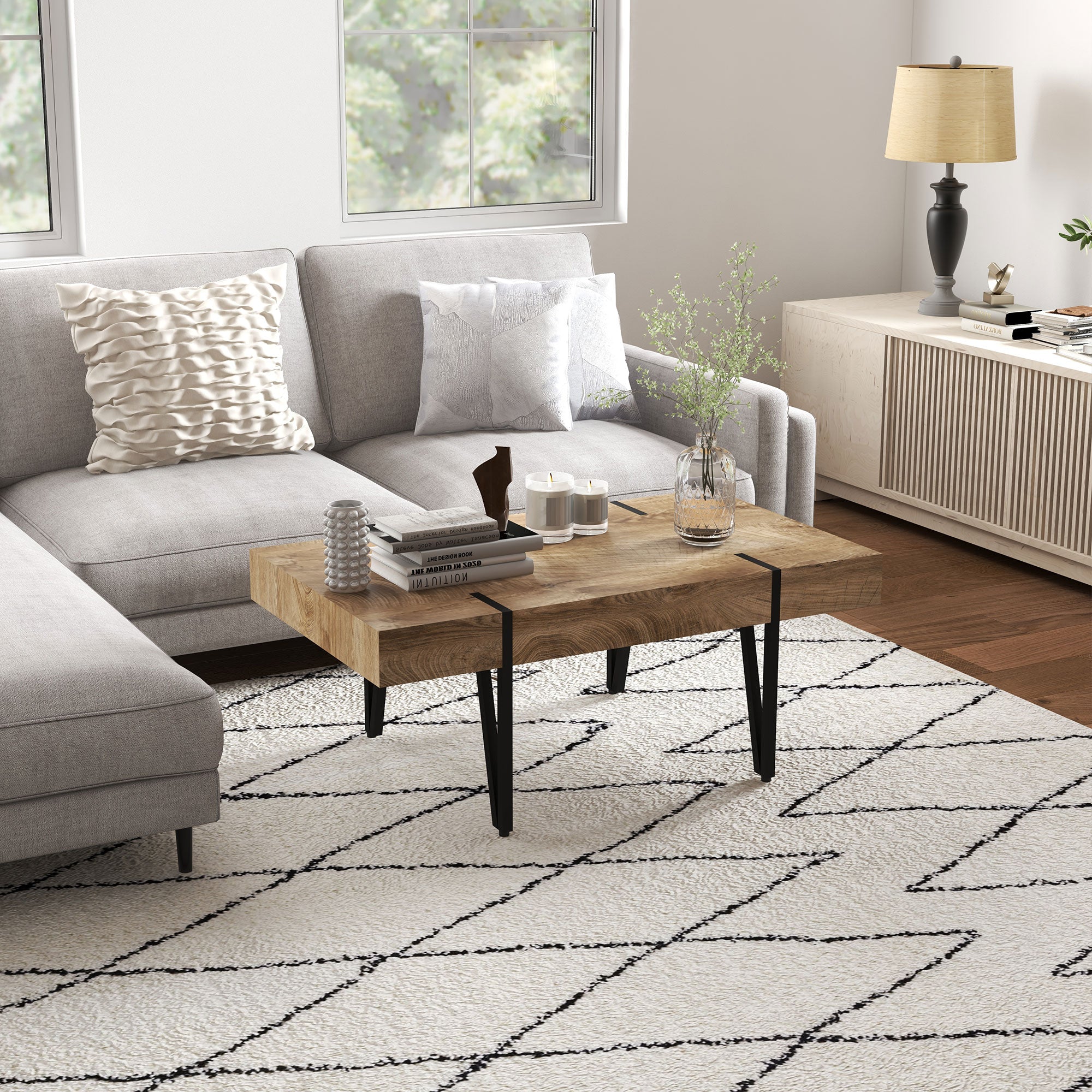 HOMCOM Rustic Coffee Table, Rectangle Nature Cocktail Table with Steel Hairpin Legs for Living Room