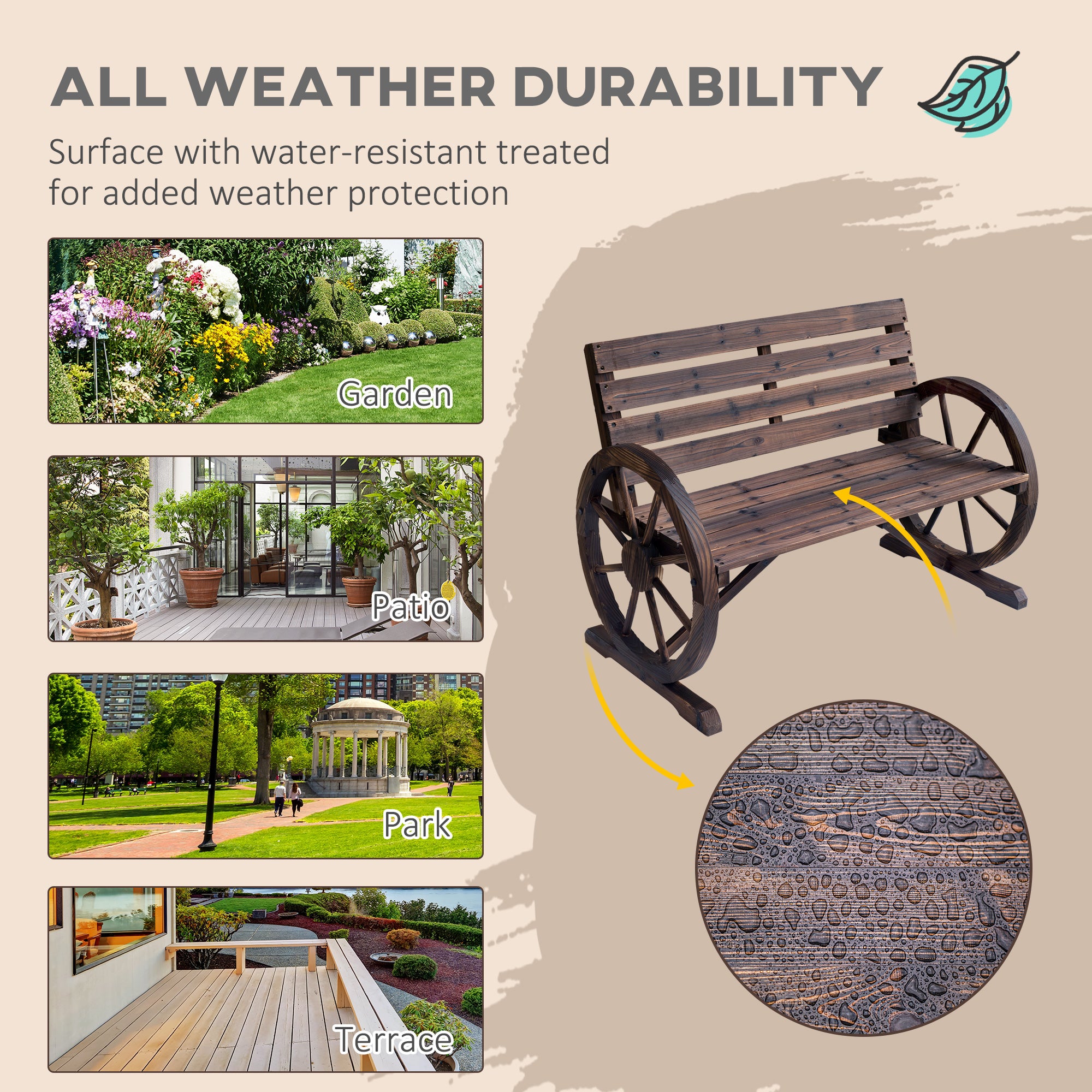 Outsunny 42" Wood Wagon Wheel Bench Garden Loveseat Rustic Seat Relaxing Lounge Chair Outdoor Decorative Seat Park Decor, Brown