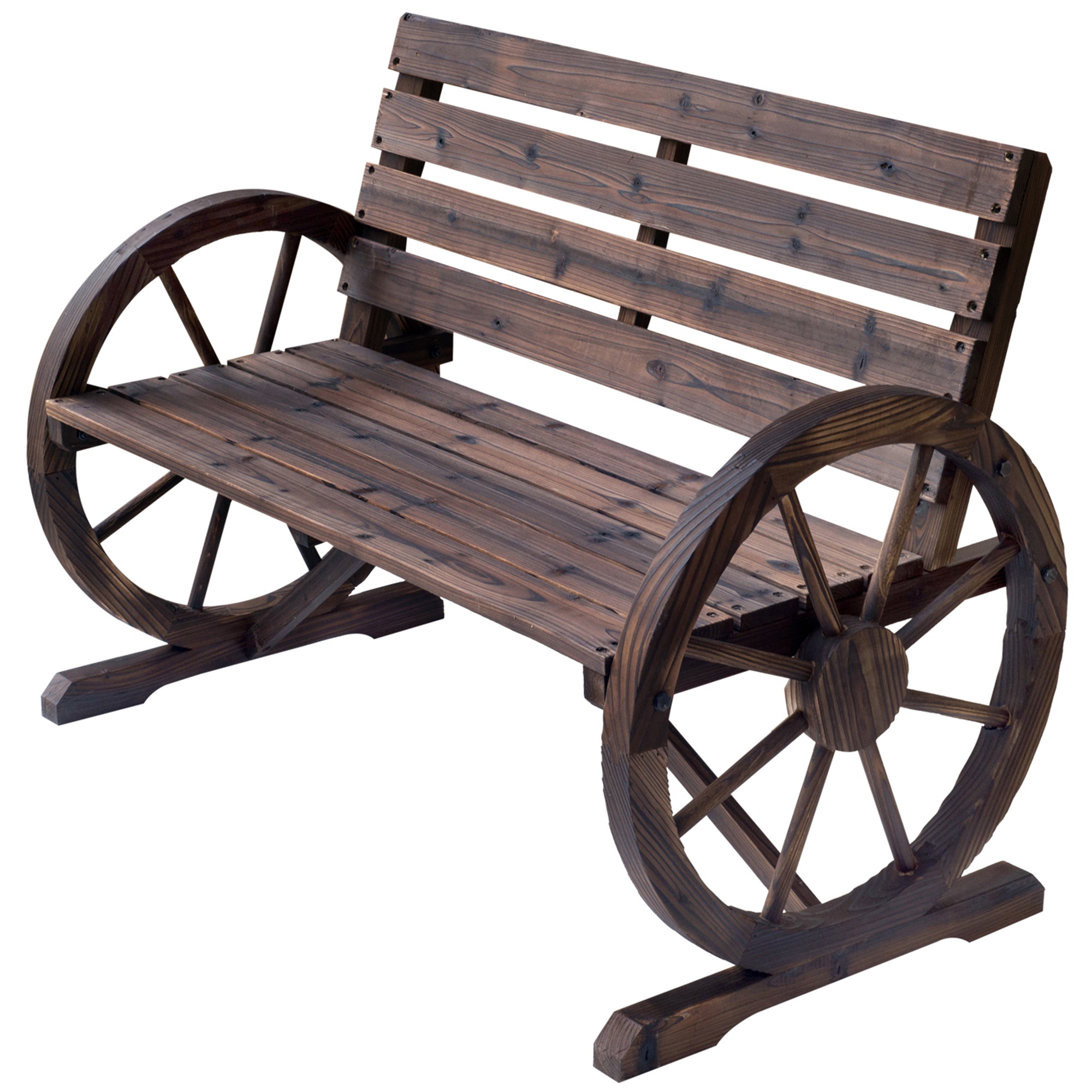 Outsunny 42" Wood Wagon Wheel Bench Garden Loveseat Rustic Seat Relaxing Lounge Chair Outdoor Decorative Seat Park Decor, Brown