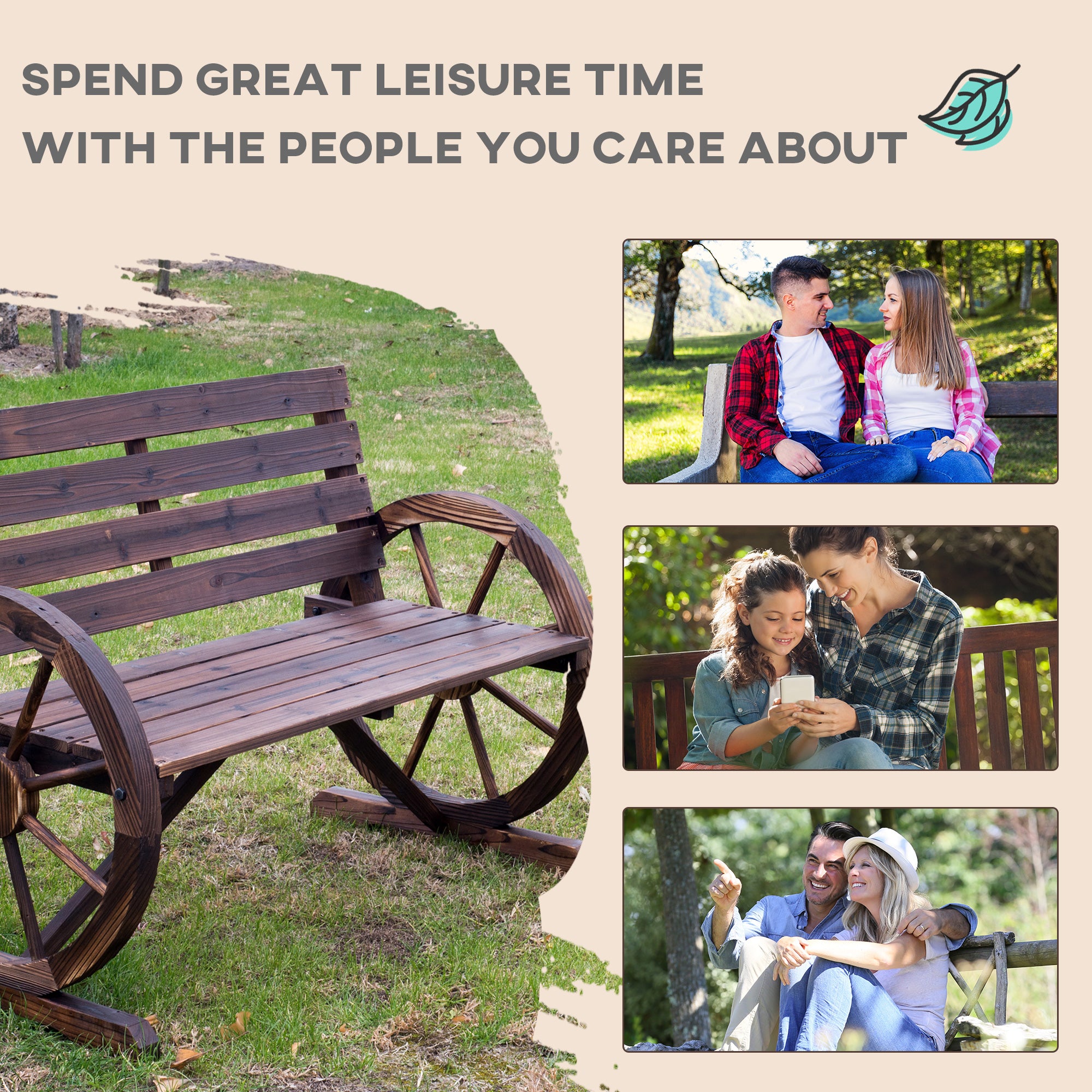 Outsunny 42" Wood Wagon Wheel Bench Garden Loveseat Rustic Seat Relaxing Lounge Chair Outdoor Decorative Seat Park Decor, Brown