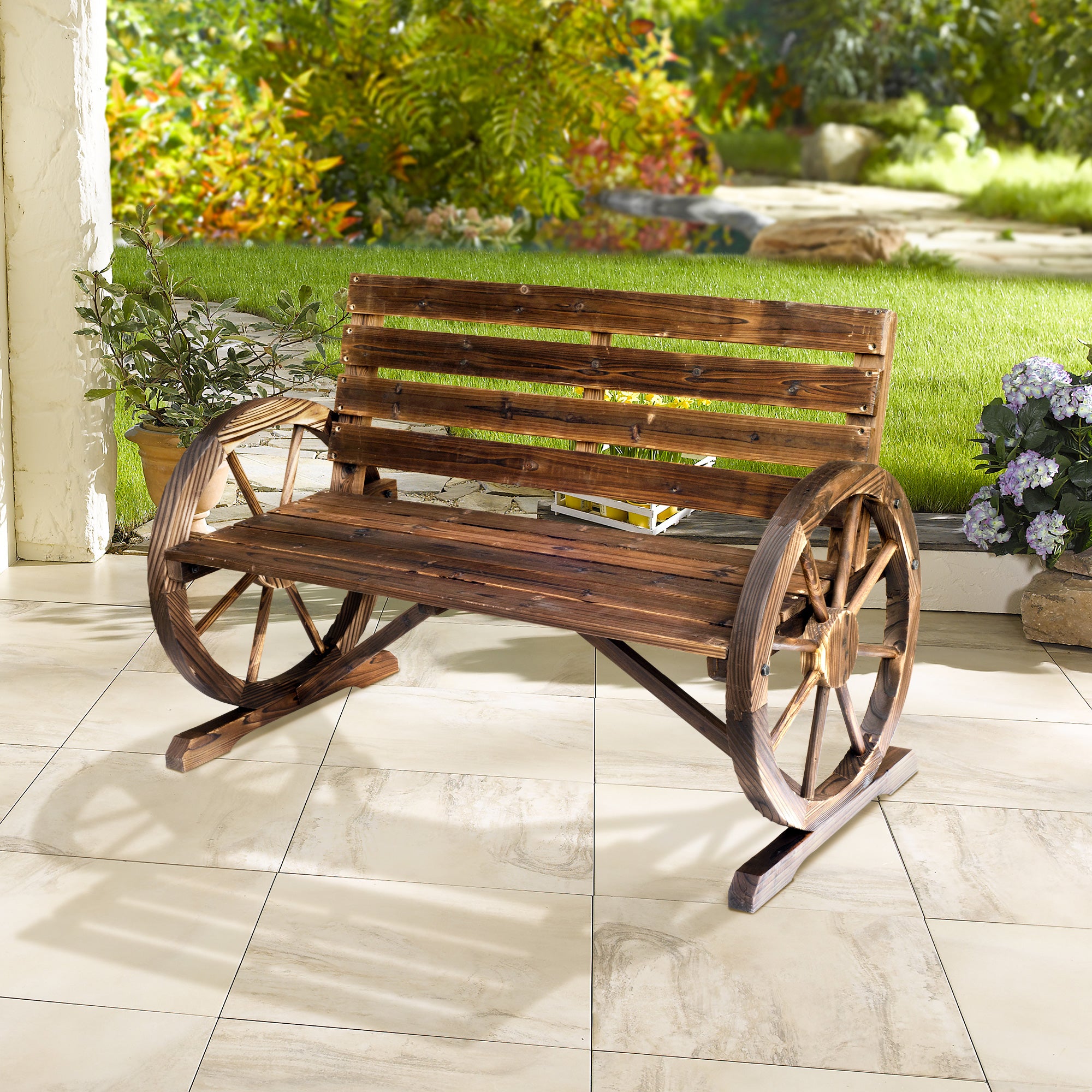 Outsunny 42" Wood Wagon Wheel Bench Garden Loveseat Rustic Seat Relaxing Lounge Chair Outdoor Decorative Seat Park Decor, Brown